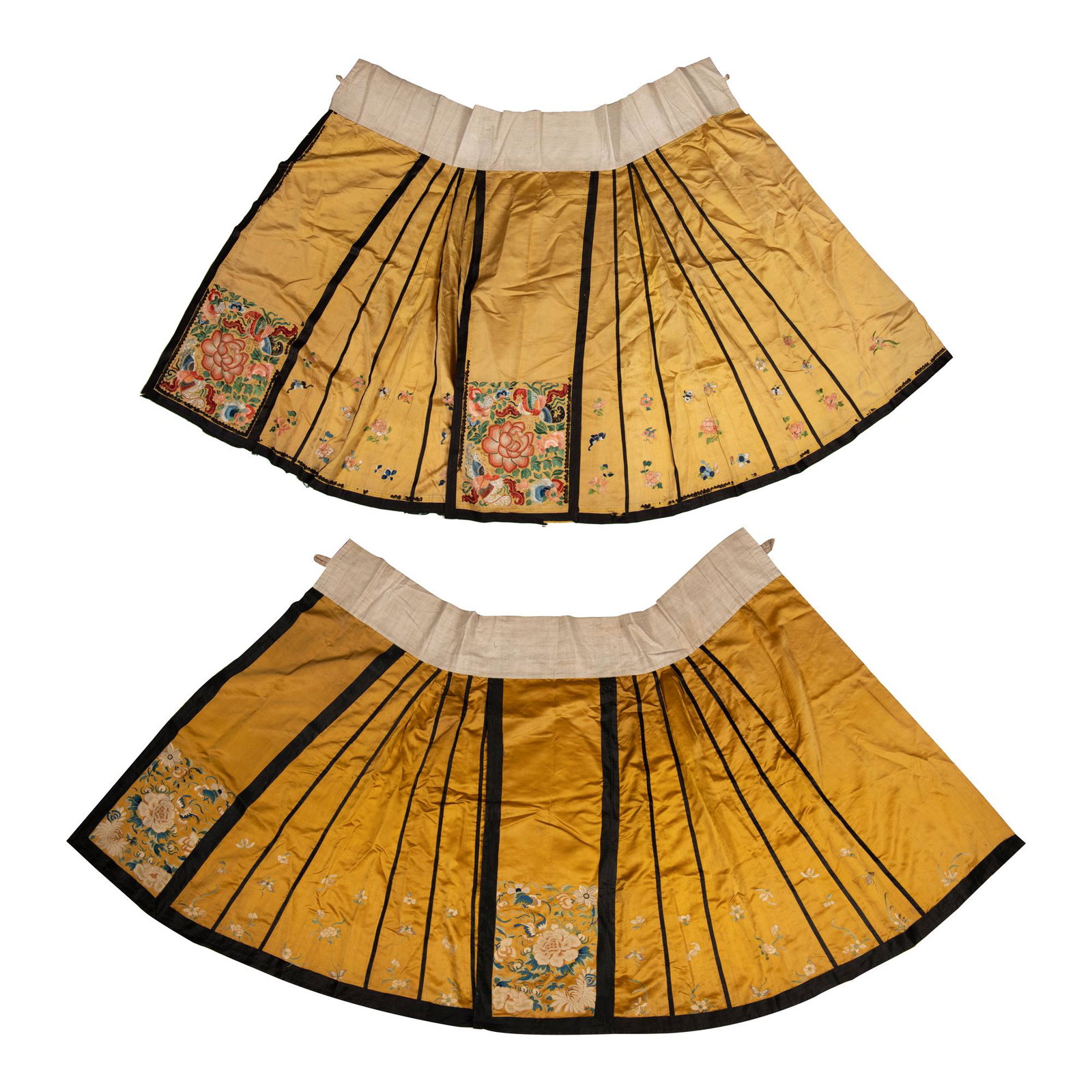 Two Chinese yellow skirts, 19th century: Two Chinese yellow skirts 19th century Both with the Forbidden Stitch. (2). H: 34, W: 40 in. (largest) H: 86.36, W: 101.60 cm. (all measurements are approximate) (largest) Provenance: Collection of Mr