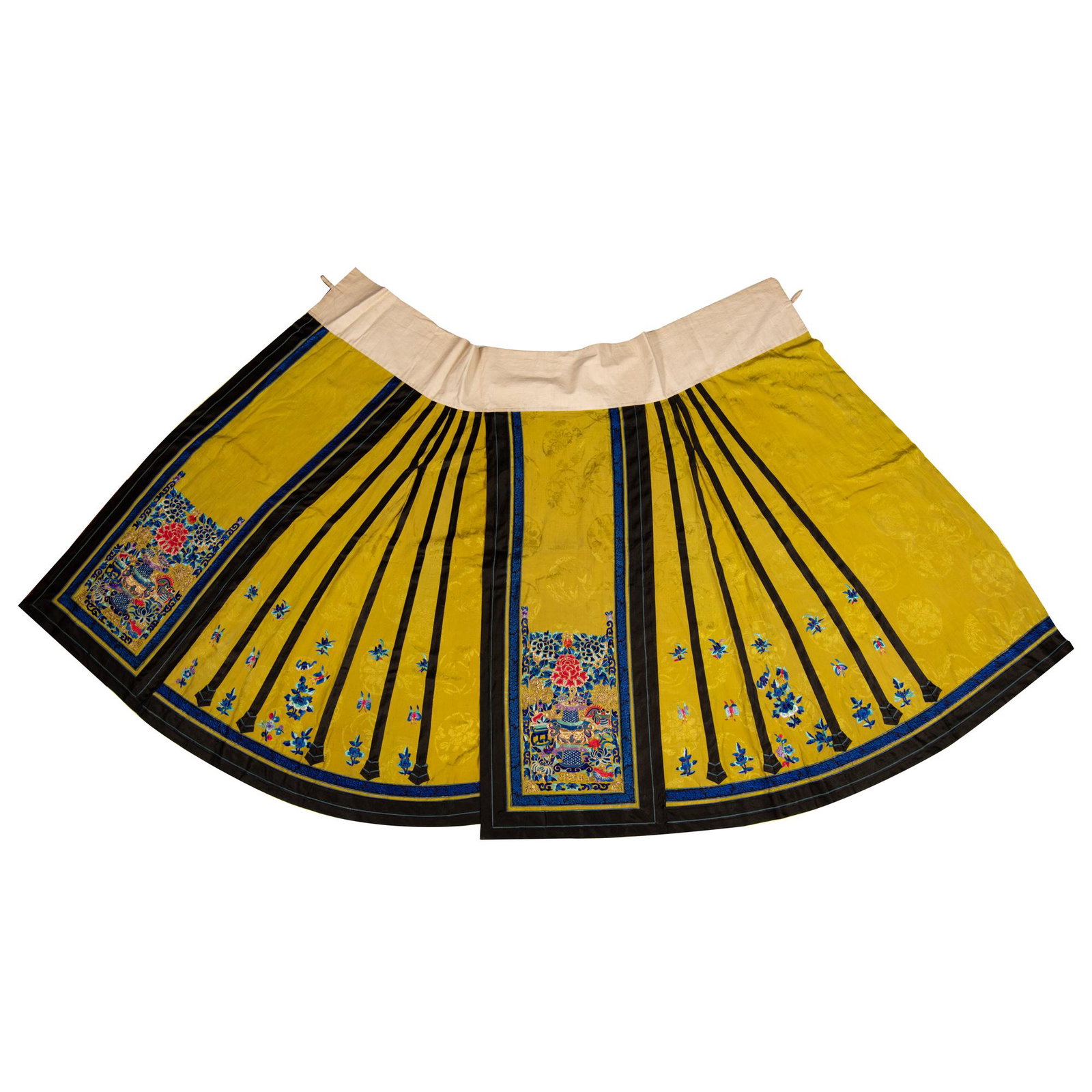 A Chinese yellow skirt, 19th century: A Chinese yellow skirt 19th century H: 36, W: 39 in. H: 91.44, W: 99.06 cm. (all measurements are approximate) Provenance: Collection of Mrs. Neville, Las Vegas, Nevada. The piece was inherited from h
