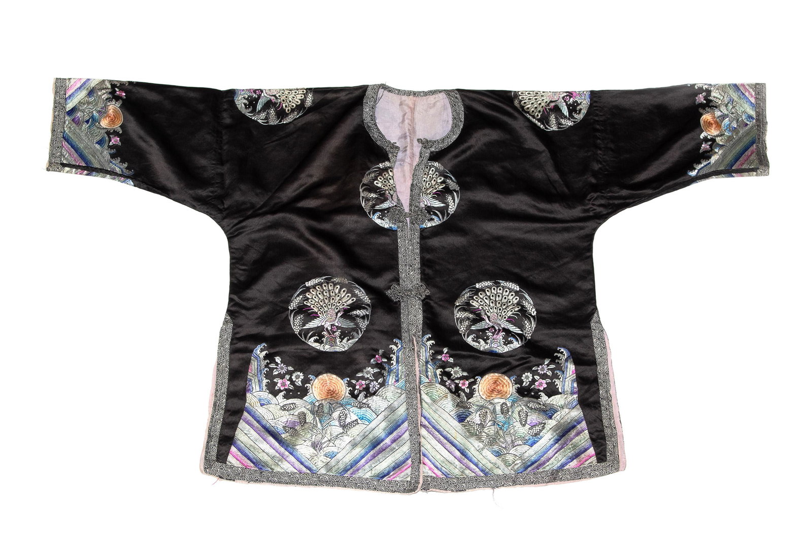 A Chinese black ground lady's robe with phoenix medallions, Qing dynasty: A Chinese black ground lady's robe with phoenix medallions Qing dynasty H: 30 1/4, W: 53 1/2 in. H: 76.8, W: 135.9 cm. (all measurements are approximate) Condition: Wear commensurate with age and use.