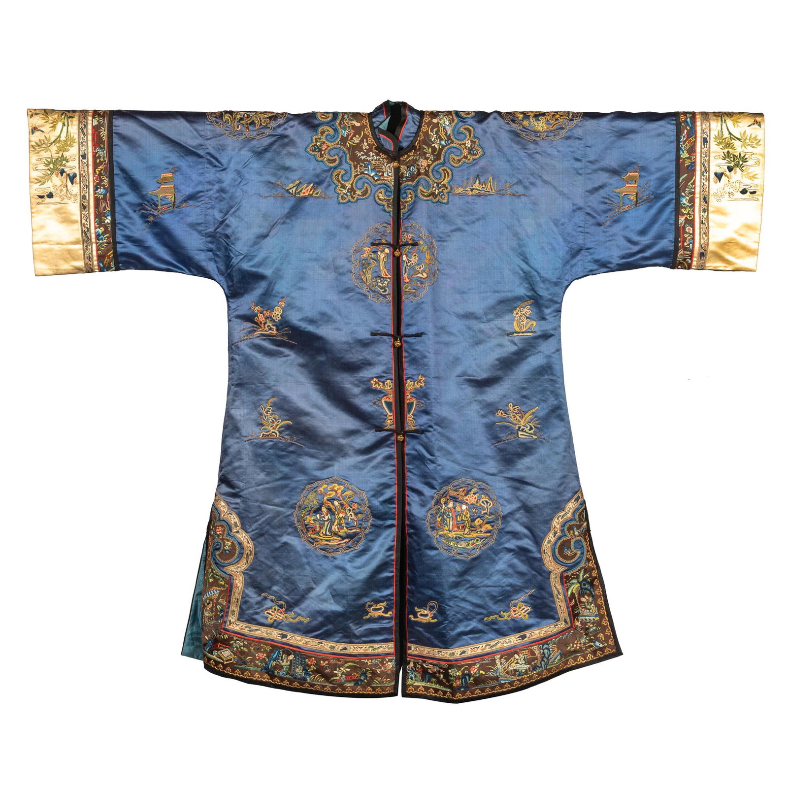 A Chinese blue ground lady's robe, 19th century: A Chinese blue ground lady's robe 19th century Featuring the Forbidden Stitch. H: 41 1/2, W: 52 in. H: 105.51, W: 132.08 cm. (all measurements are approximate) Provenance: Private collector, Los Angel