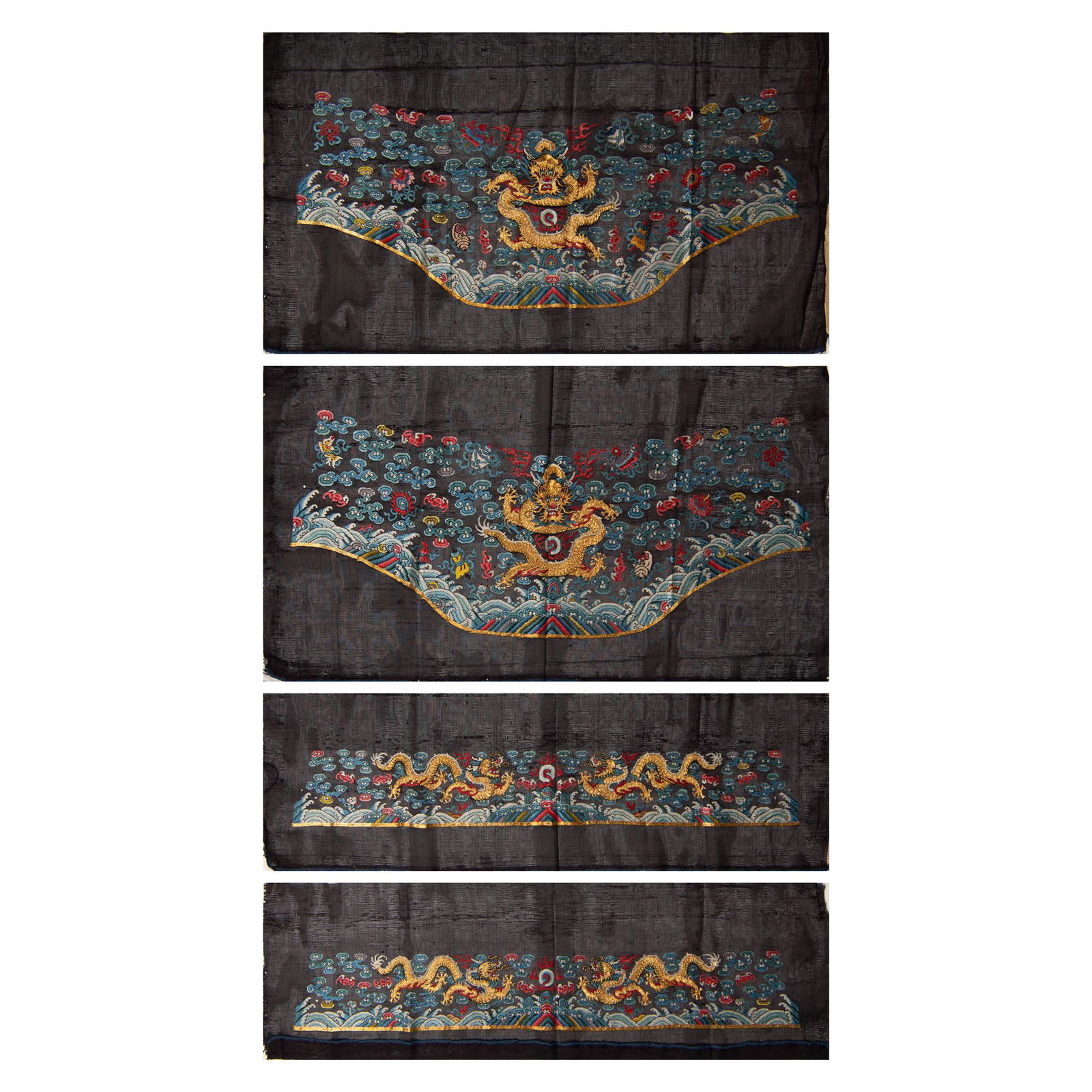 A group of four Chinese black ground dragon robe raw materials, 19th century (1 of 6)