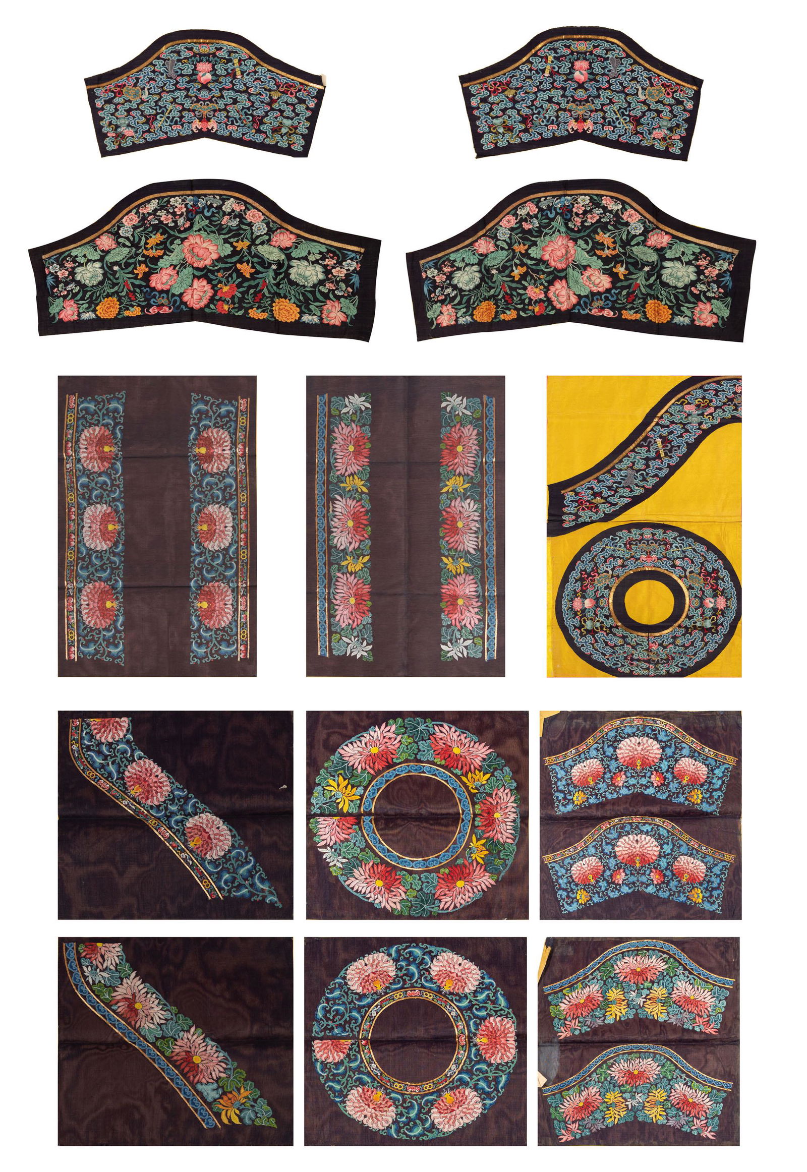 A group of twelve Chinese black ground robe raw materials, 19th century (1 of 10)