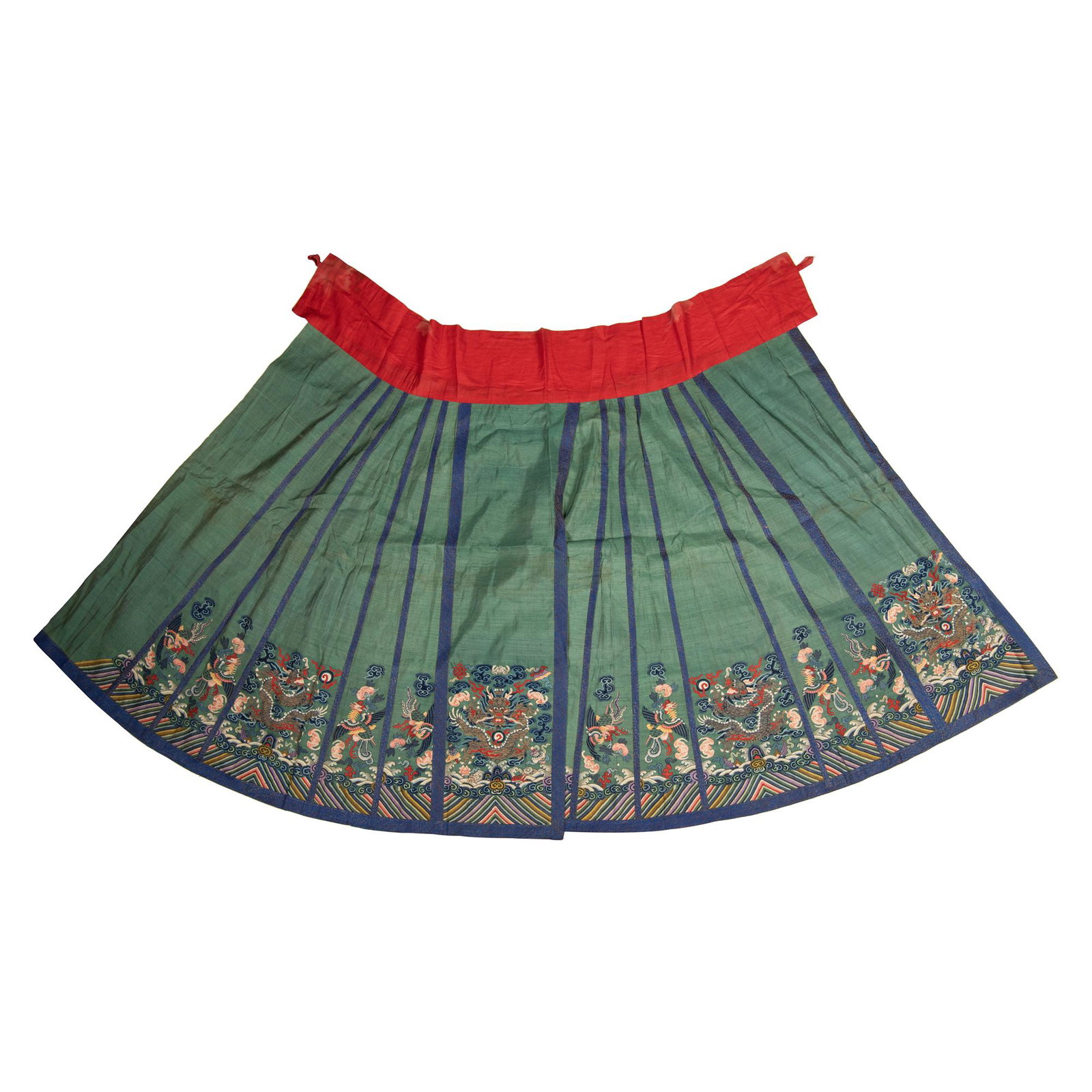 A Chinese green ground skirt, 19th century: A Chinese green ground skirt 19th century H: 37 1/2, W: 41 in. H: 95.25, W: 104.14 cm. (all measurements are approximate) Provenance: Private collection, Kentucky. Acquired in China prior to 1949. Con