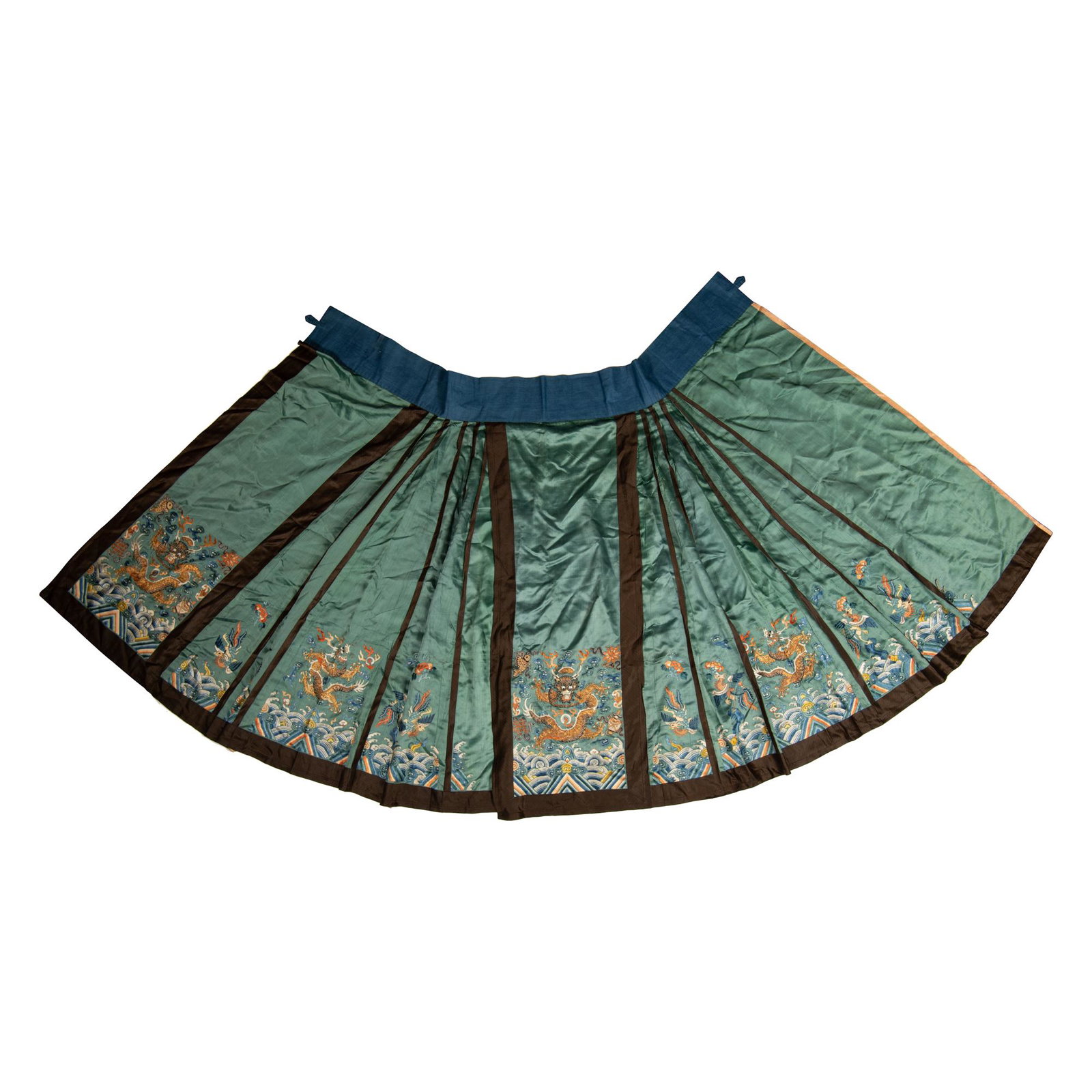A Chinese green ground dragon skirt, 19th century: A Chinese green ground dragon skirt 19th century H: 35, W: 41 in. (waistband) H: 88.90, W: 104.14 cm. (all measurements are approximate) (waistband) Provenance: Private collection, Kentucky. Condition