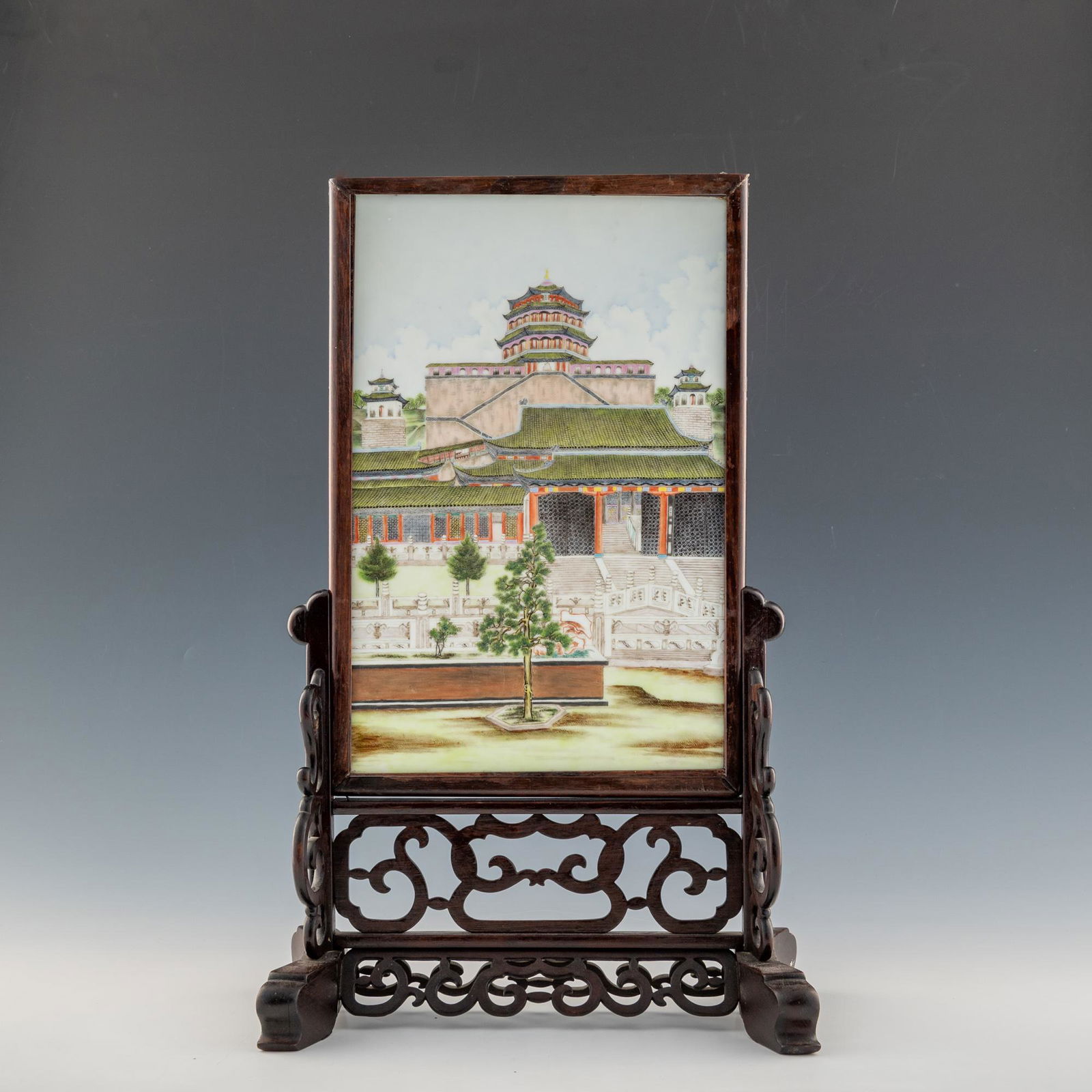 A Chinese famille rose "Pavilion of Buddhist Incense of the Summer Palace" table screen, Jiaqing (1 of 5)