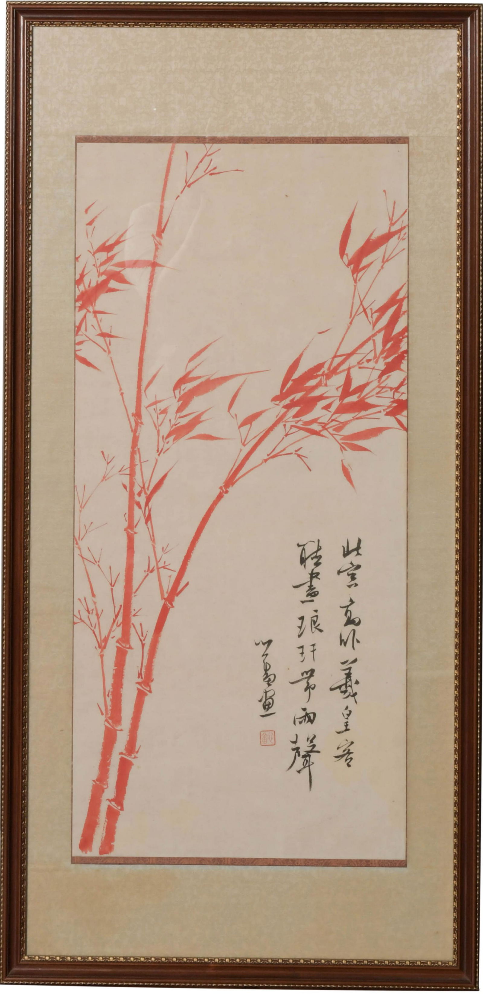 Pu Ru (Chinese), A painting of bamboo: Pu Ru (Chinese) A painting of bamboo Watercolor and ink on paper on silk backing With signature, inscription and one seal. Dimensions with frame: H: 39 3/4, W: 19 1/8 in.; H: 100.97, W: 48.58 cm. H: 2