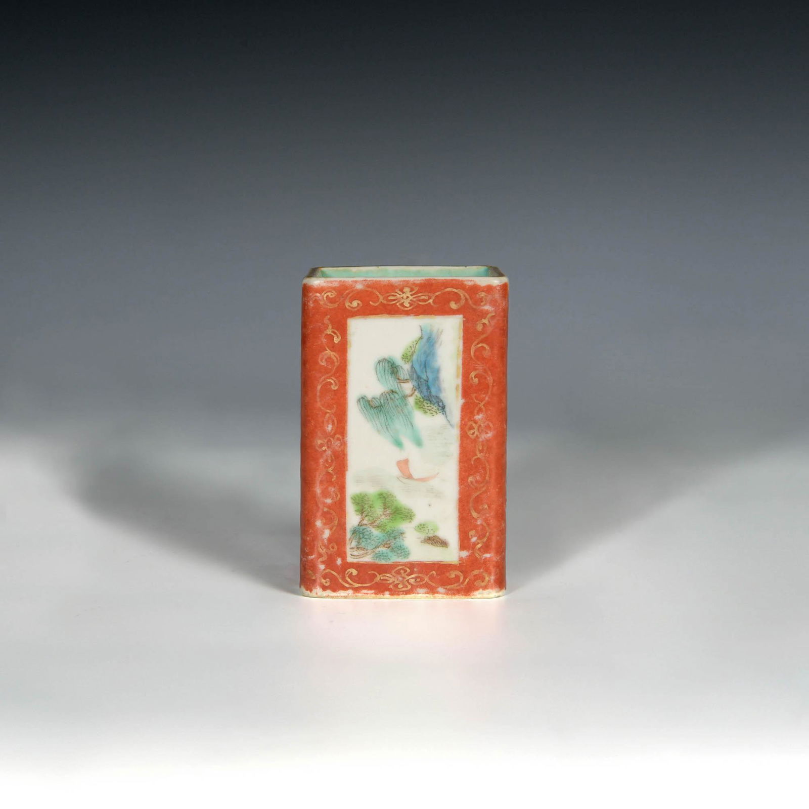 A Chinese coral ground famille rose square brush pot, Qianlong period (1 of 8)