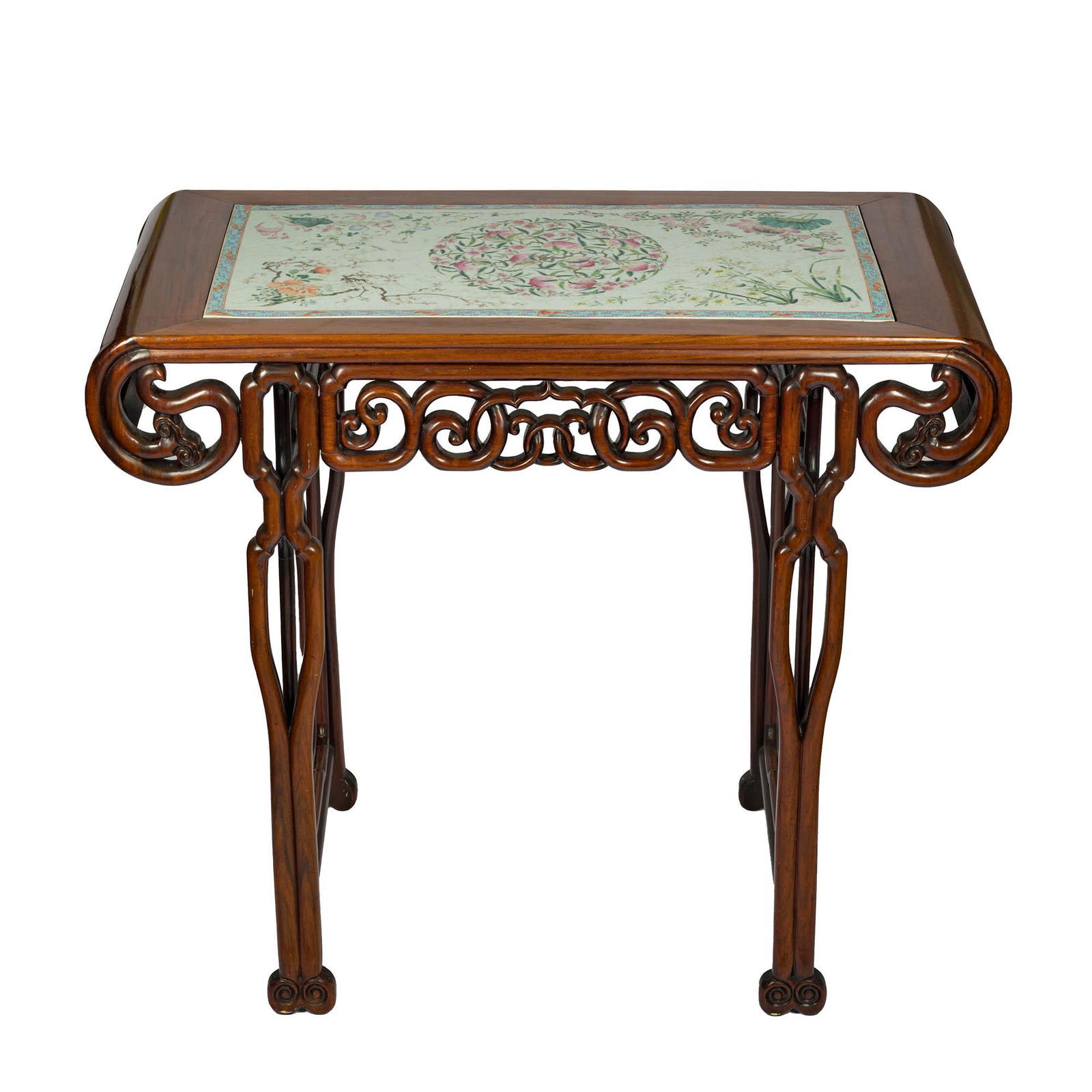A Chinese hardwood altar table inserted with a famille rose porcelain plaque, Qianlong period (1 of 16)