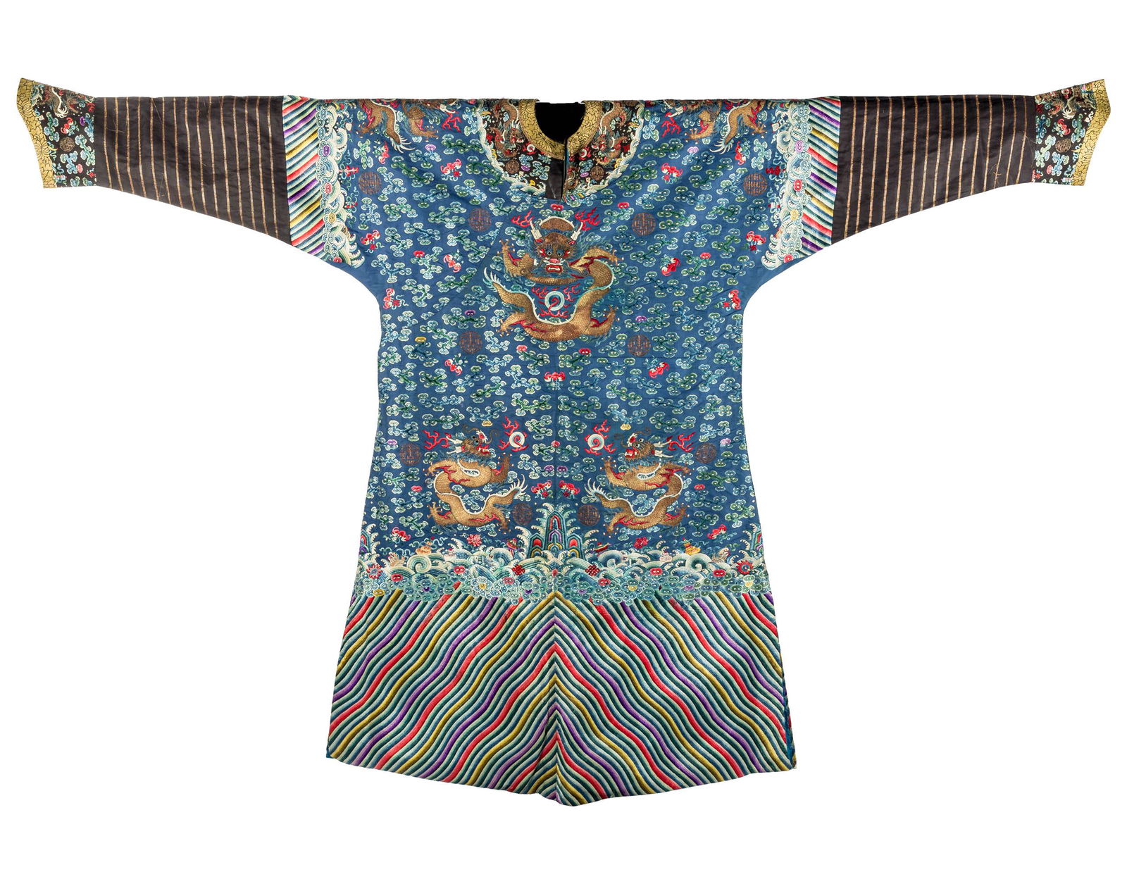 A Chinese blue ground embroidered dragon robe, 19th century (1 of 10)