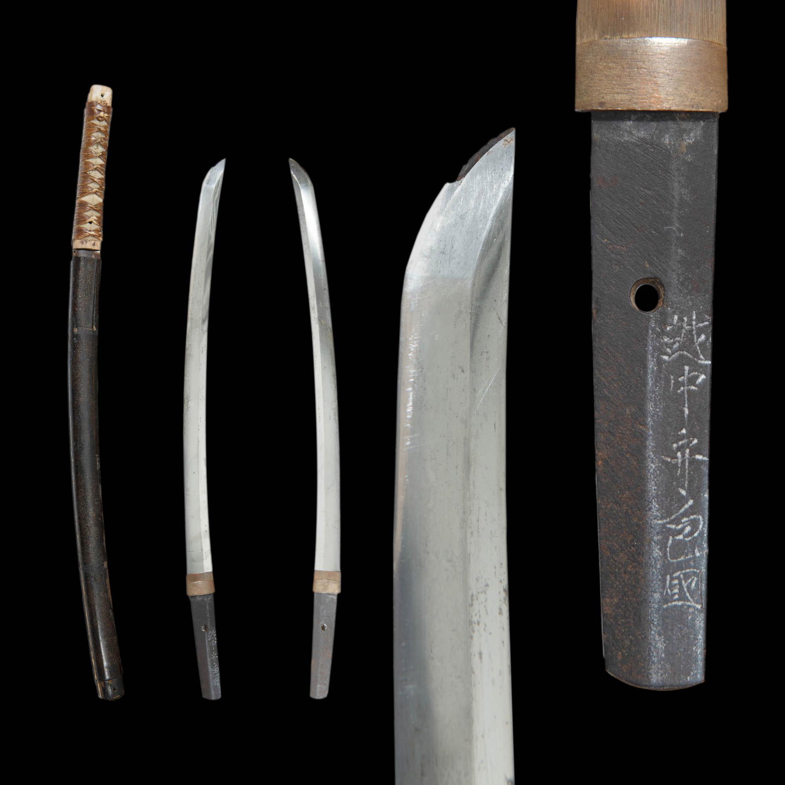 Japanese wakizashi, Edo: A Japanese wakizashi Fujiwara Kanekuni, Edo period, circa 1670 With a signature on the tang: "Ecchu no kami Fujiwara Kanekuni" ([Made by] Fujiwara Kanekuni of Ecchu region); blade with ko-midare hamon