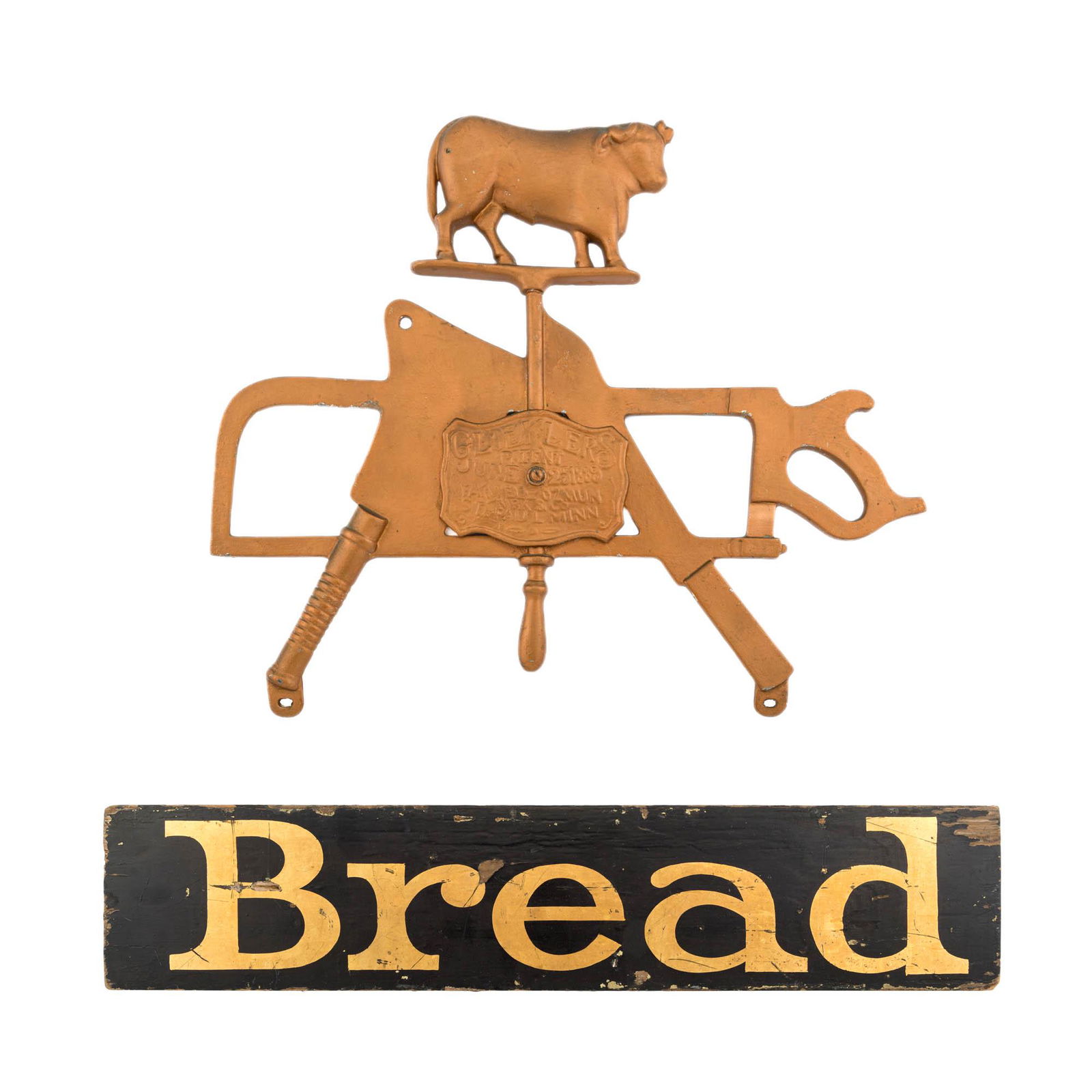 A cast iron butchers sign and a painted bread sign, Gloecklers, late 19th/early 20th century (1 of 3)