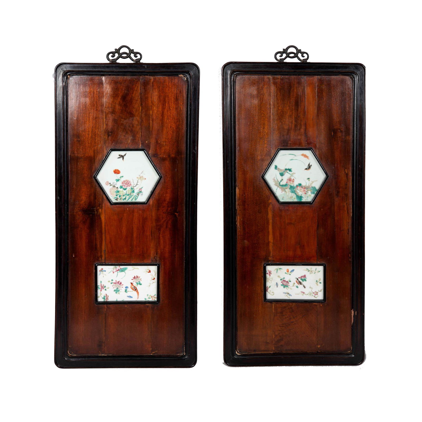 Two Chinese famille rose plaque-inset hardwood screens, late 19th century (1 of 6)