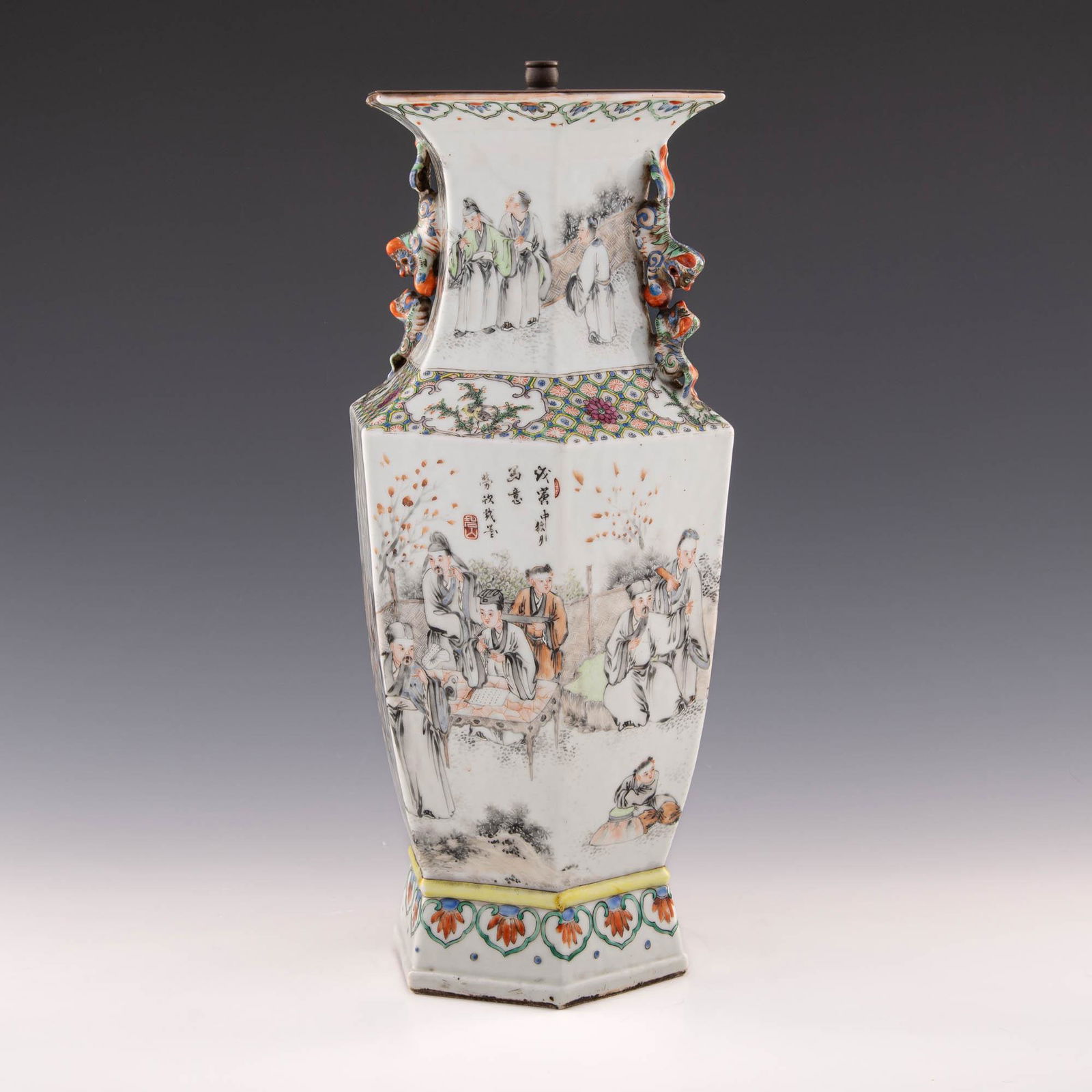 A Chinese grisaille hexagonal vase lamp, late 19th century (1 of 11)