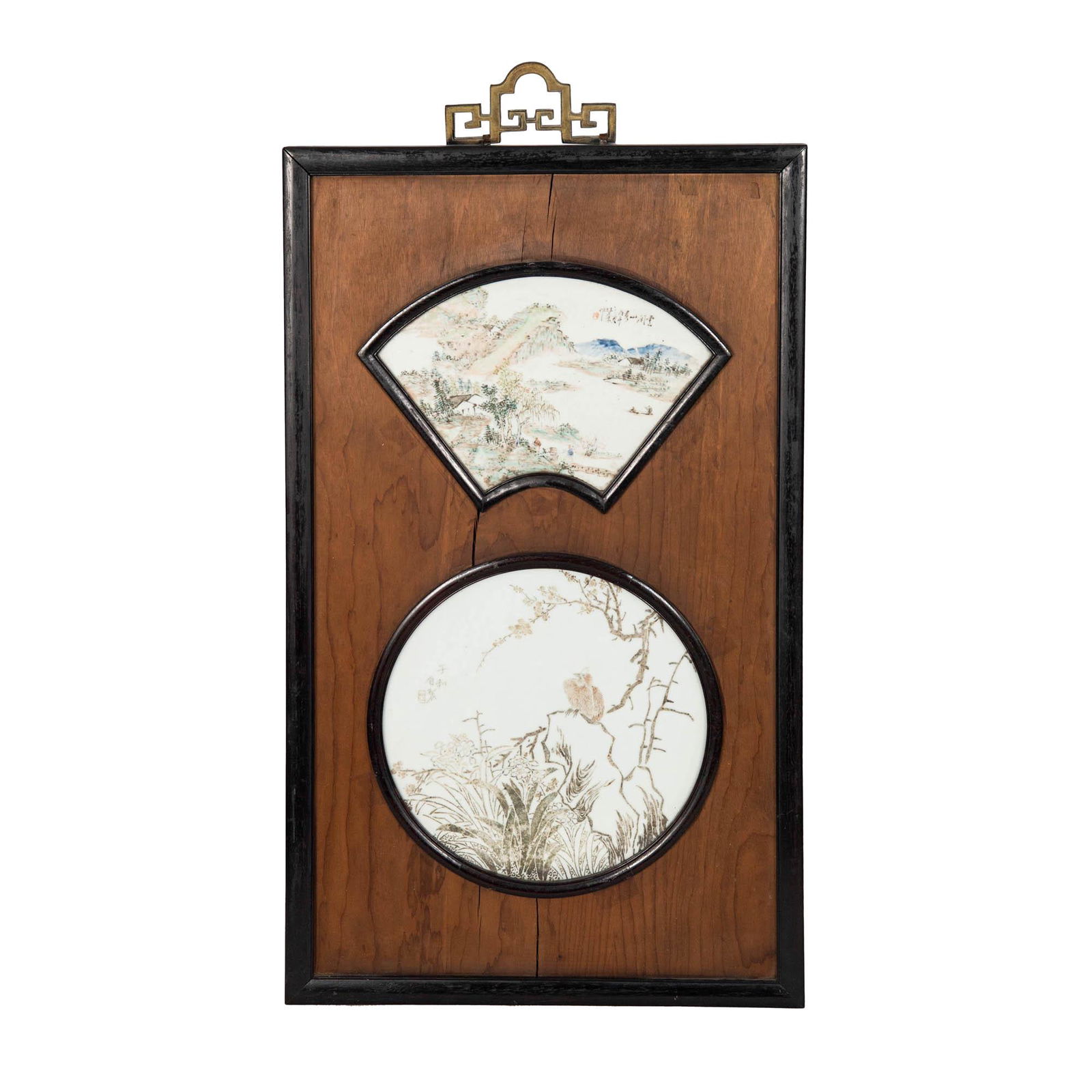 Two Chinese famille rose plaques in wood panel, signed Wang Youtang (Chinese, active 1890-1907) and (1 of 4)