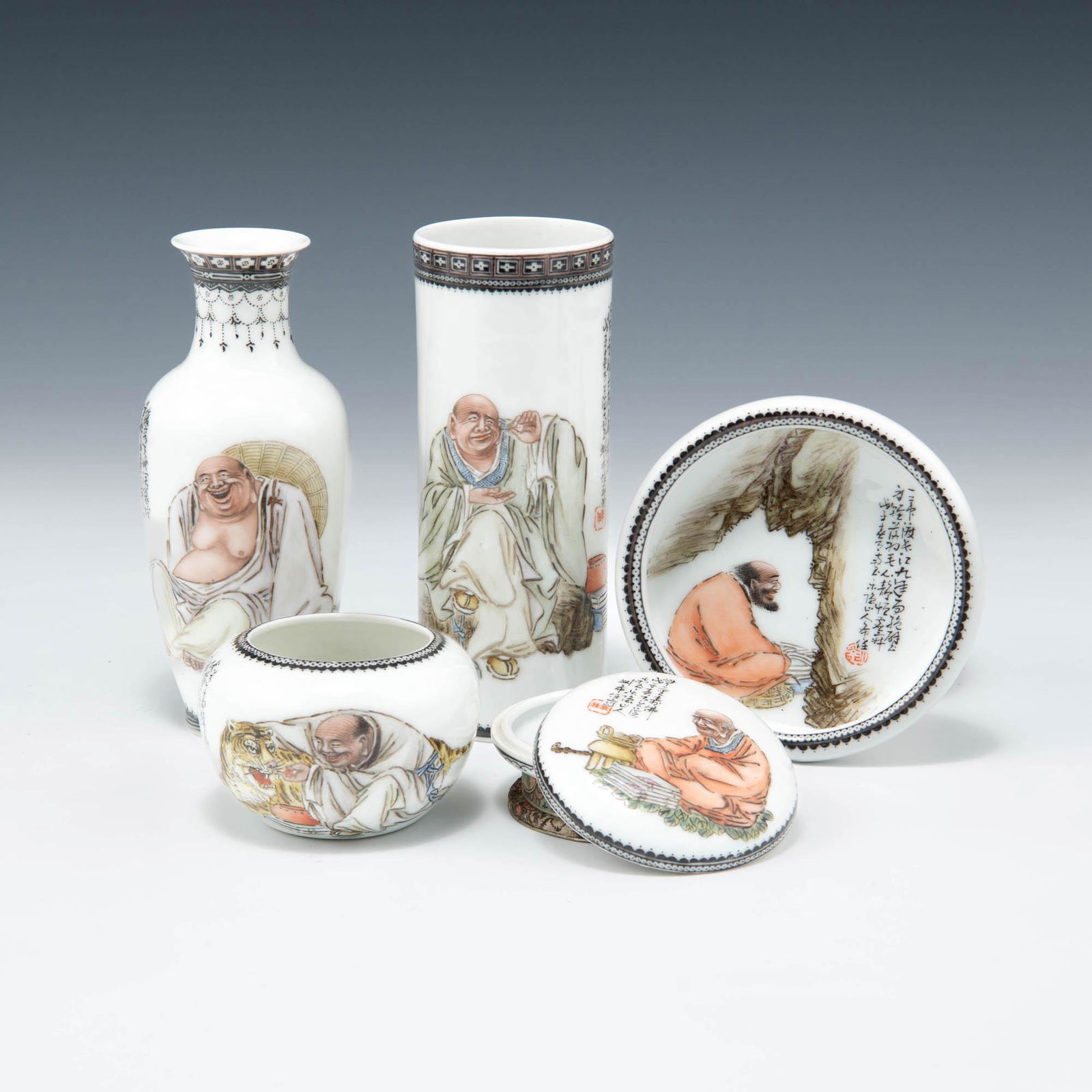 A group of five Chinese famille rose scholar's items, signed Liu Xiren (Chinese, 1906-1967), (1 of 19)