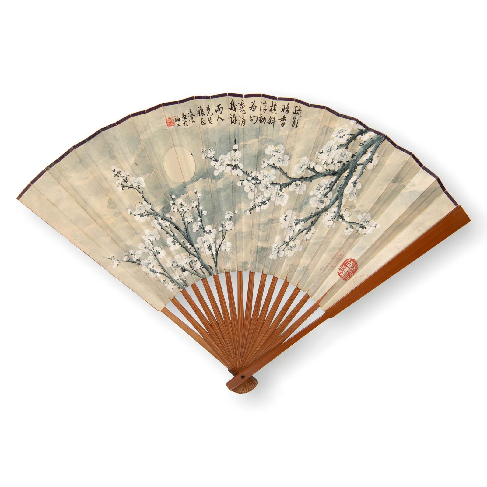 A Chinese painted fan with calligraphy, signed Wang Fu'an (Chinese, 1880-1960); painting signed Ling (1 of 6)
