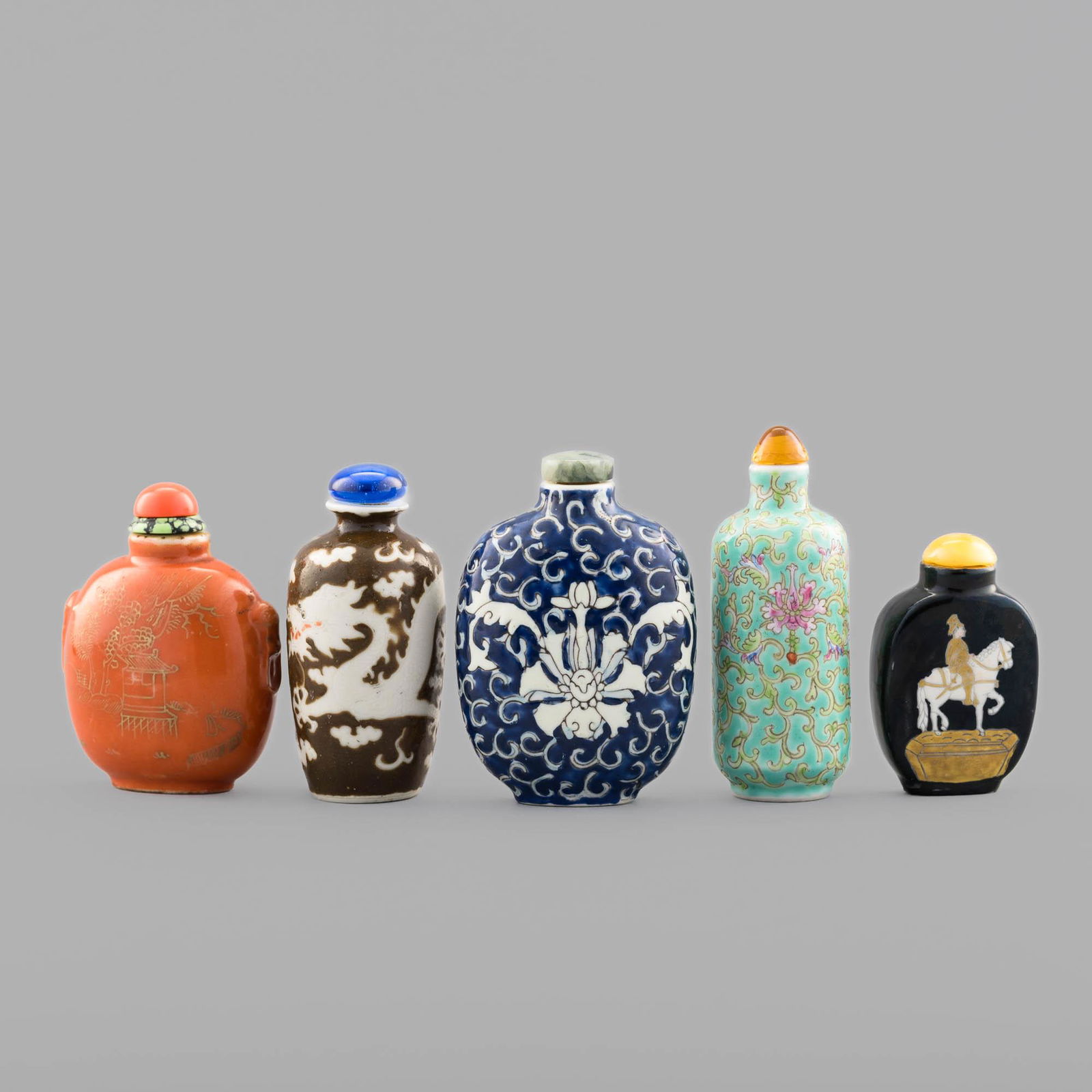 Five Chinese famille rose snuff bottles, 19th/early 20th century (1 of 14)