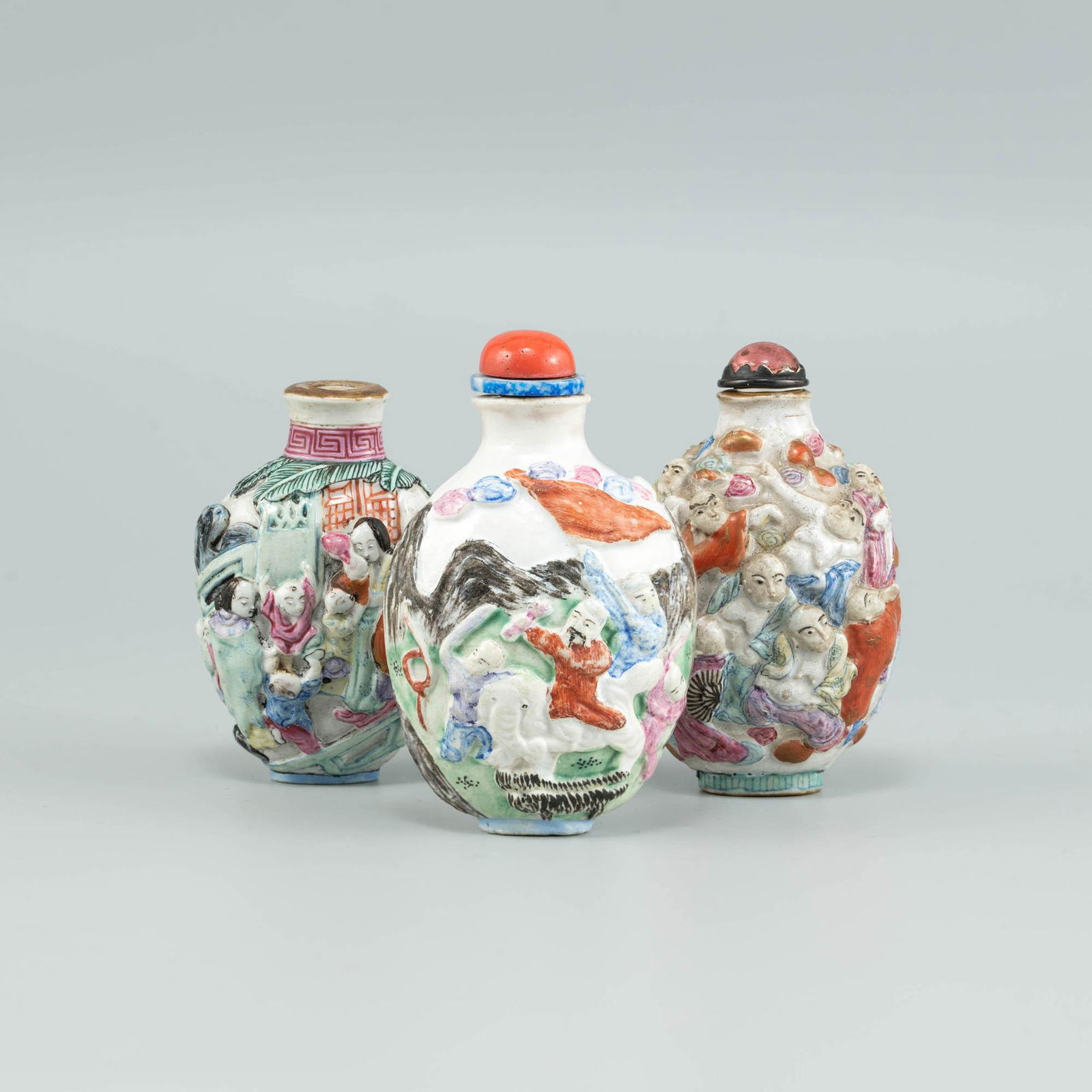 Three Chinese carved famille rose snuff bottles, 19th century (1 of 9)
