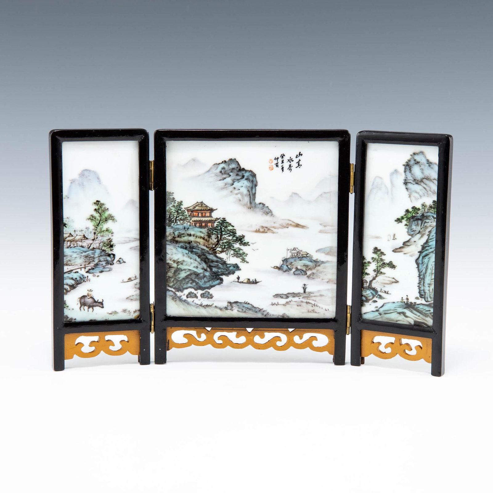 A Chinese famille rose triptych table screen, 1960s-1970s (1 of 6)