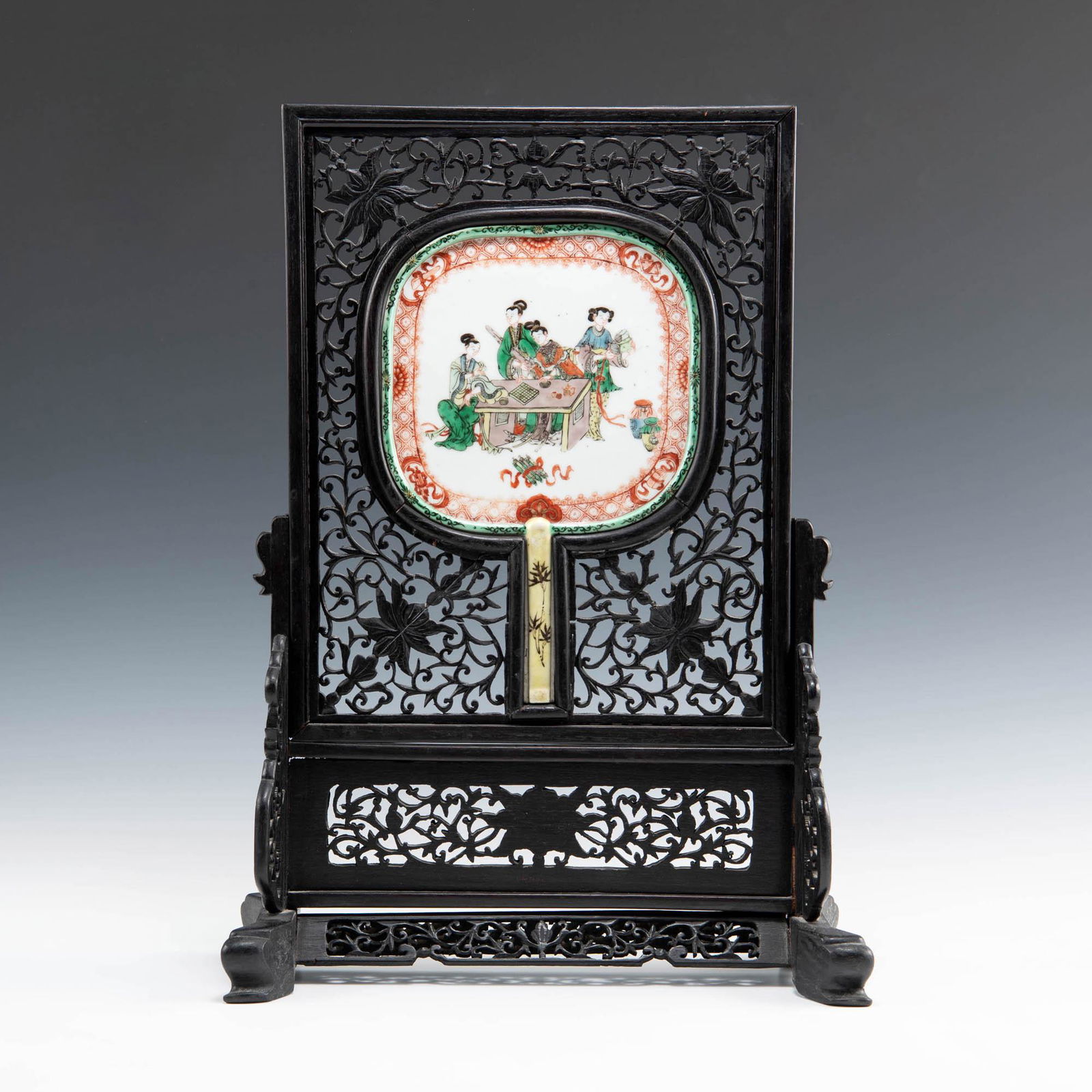 A Chinese wucai fan-form court scene plaque table screen, late 19th century (1 of 5)