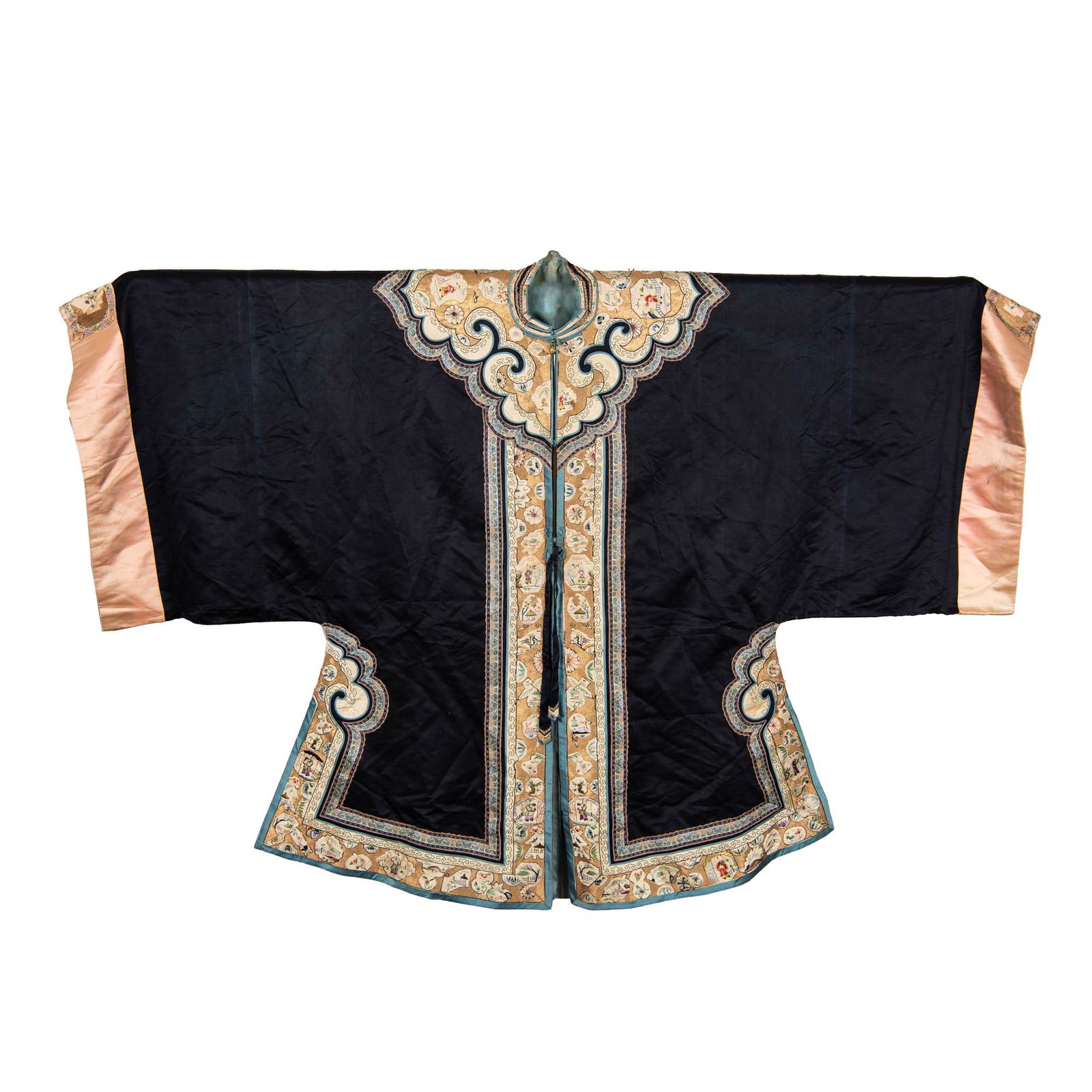 A Chinese blue-ground lady's robe, 19th century: A Chinese blue-ground lady's robe 19th century With goldwork trim featuring embroideries of figures and various motifs. H: 40 1/2, W: 60 1/2 in. H: 102.87, W: 153.67 cm. Provenance: Private collection