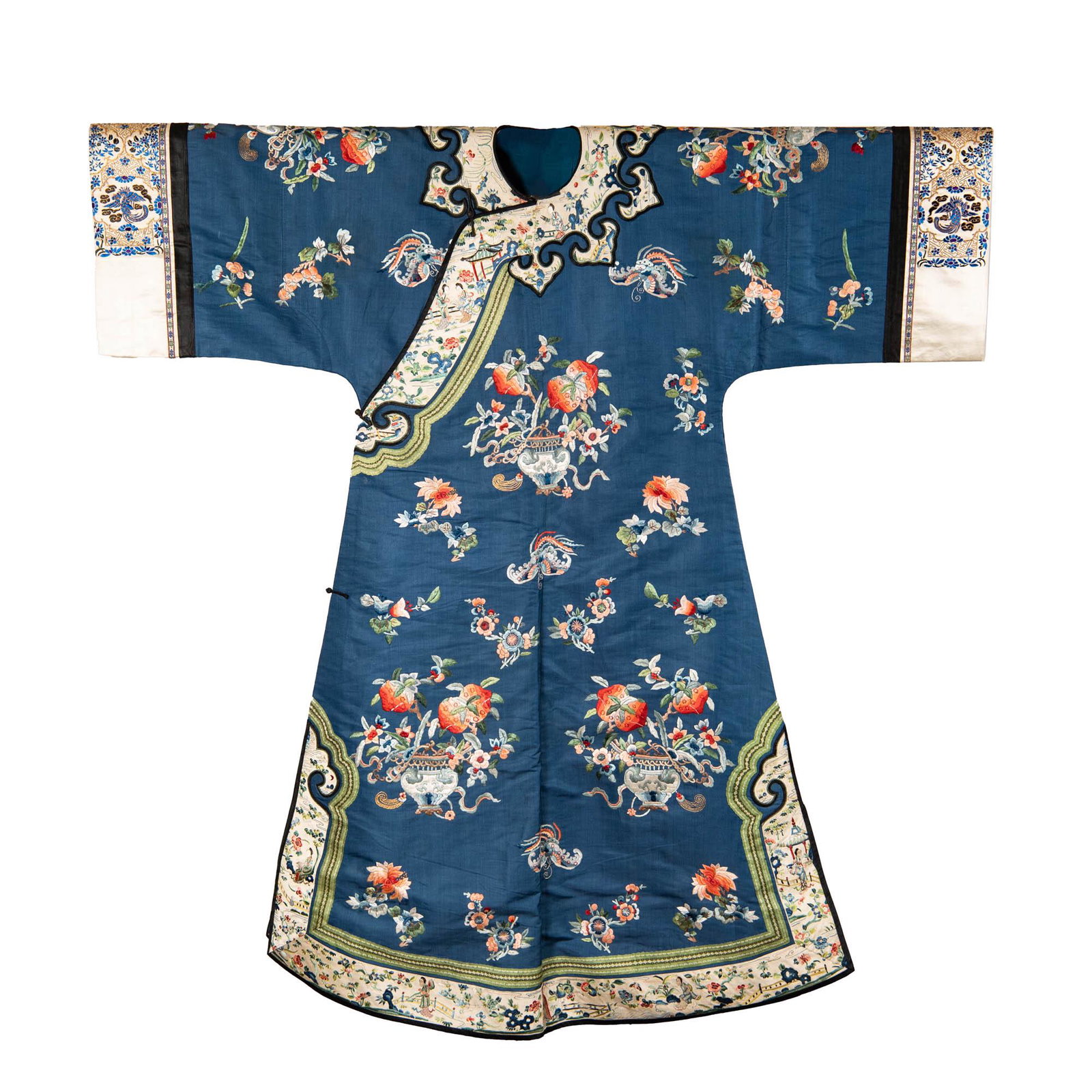 A Chinese blue-ground lady's robe, 19th century: A Chinese blue-ground lady's robe 19th century Floral spray and butterflies throughout, with goldwork 'dragon chasing a flaming pearl' motif to sleeve cuffs. H: 49 1/2, W: 47 1/4 in. H: 125.73, W: 120