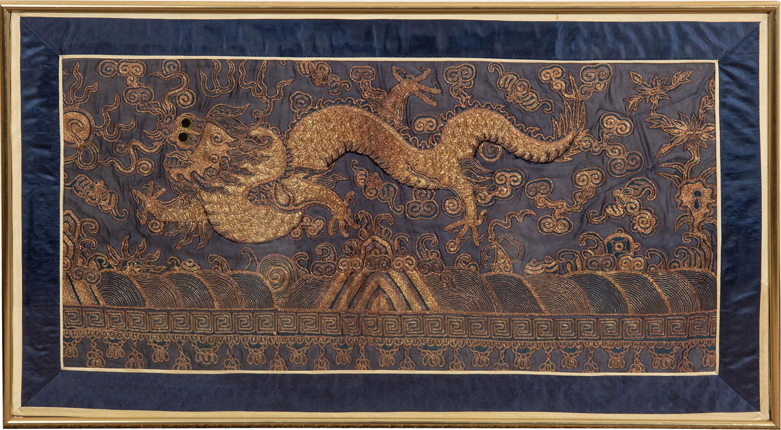 A Chinese silk goldwork dragon panel, 19th century (1 of 4)
