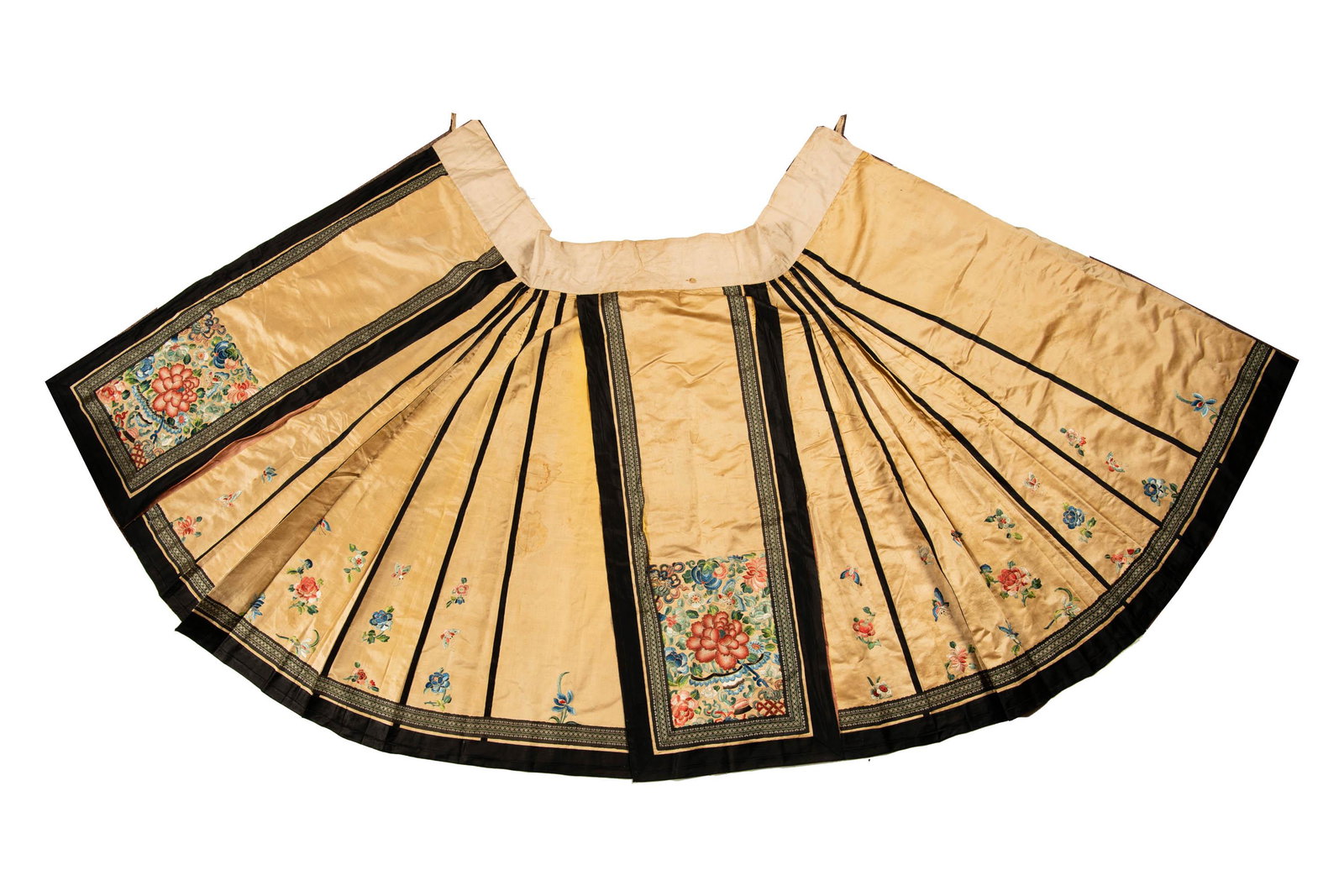 A Chinese yellow-ground silk skirt, 19th century: A Chinese yellow-ground silk skirt 19th century Featuring forbidden stitch flowers. H: 37, W: 87 3/4 in. H: 93.98, W: 222.88 cm. Provenance: Private collection, Southern California.