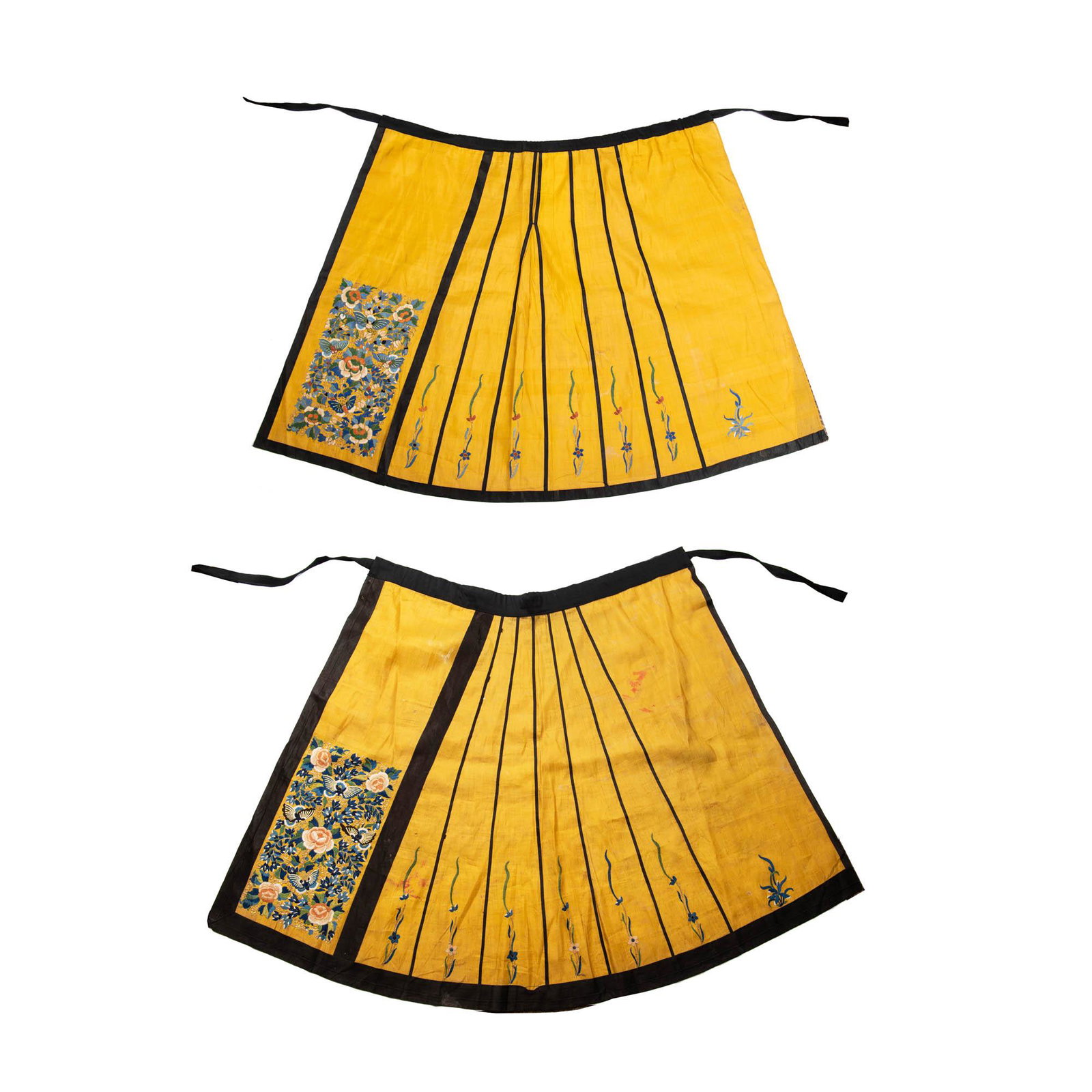 A Chinese yellow-ground skirt, 19th century: A Chinese yellow-ground skirt 19th century Featuring two sections with flower and butterfly motifs with goldwork accents. H: 29 1/4, W: 43 1/4 in. H: 74.29, W: 109.86 cm. Provenance: Private collectio