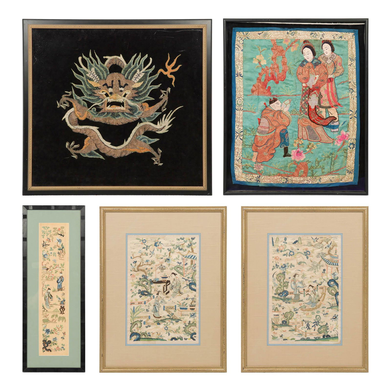 A Group Of Five Chinese Embroidered Silk Panels, 19th Century Auction