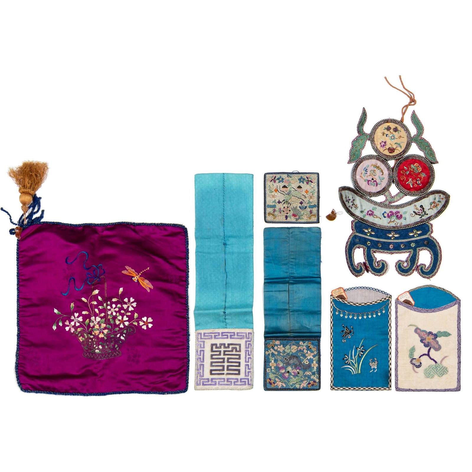 A group of seven Chinese embroideries, 19th century: A group of seven Chinese embroideries 19th century Comprising one purple-ground square with insects and flowers; one panel with meander patterning; two pouches with flowers; a decorative jardiniere mo