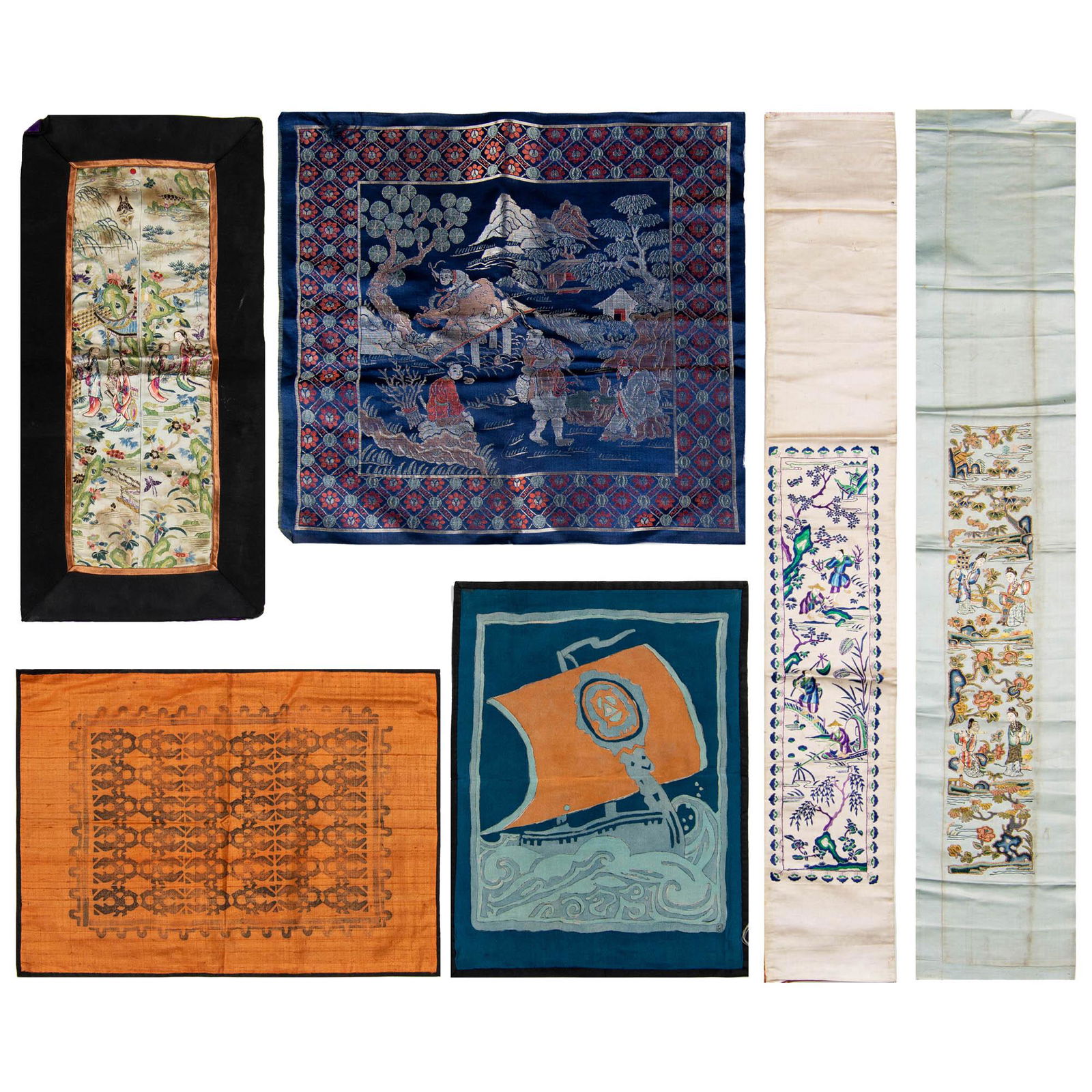 A group of six Chinese textile panels, 19th century (1 of 8)