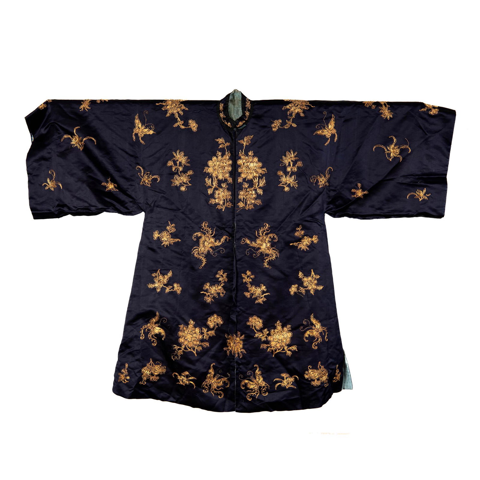 A Chinese blue-ground flower lady's robe, 19th century: A Chinese blue-ground flower lady's robe 19th century With goldwork floral spray and butterflies. H: 44 7/8, W: 59 3/8 in. H: 113.98, W: 150.81 cm. Provenance: Private collection, Southern California.