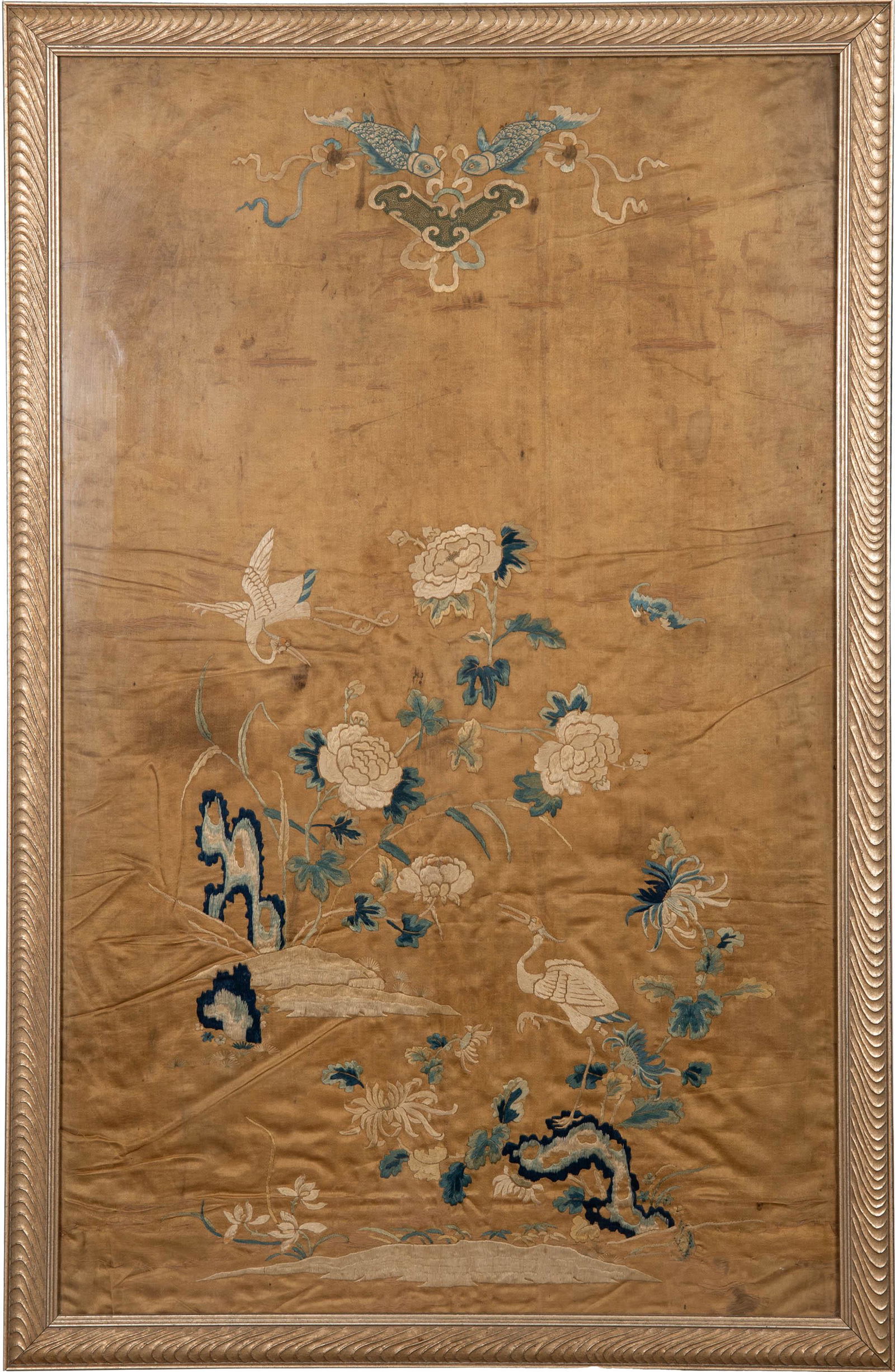 A Chinense yellow-ground embroidery panel, early 19th century (1 of 5)