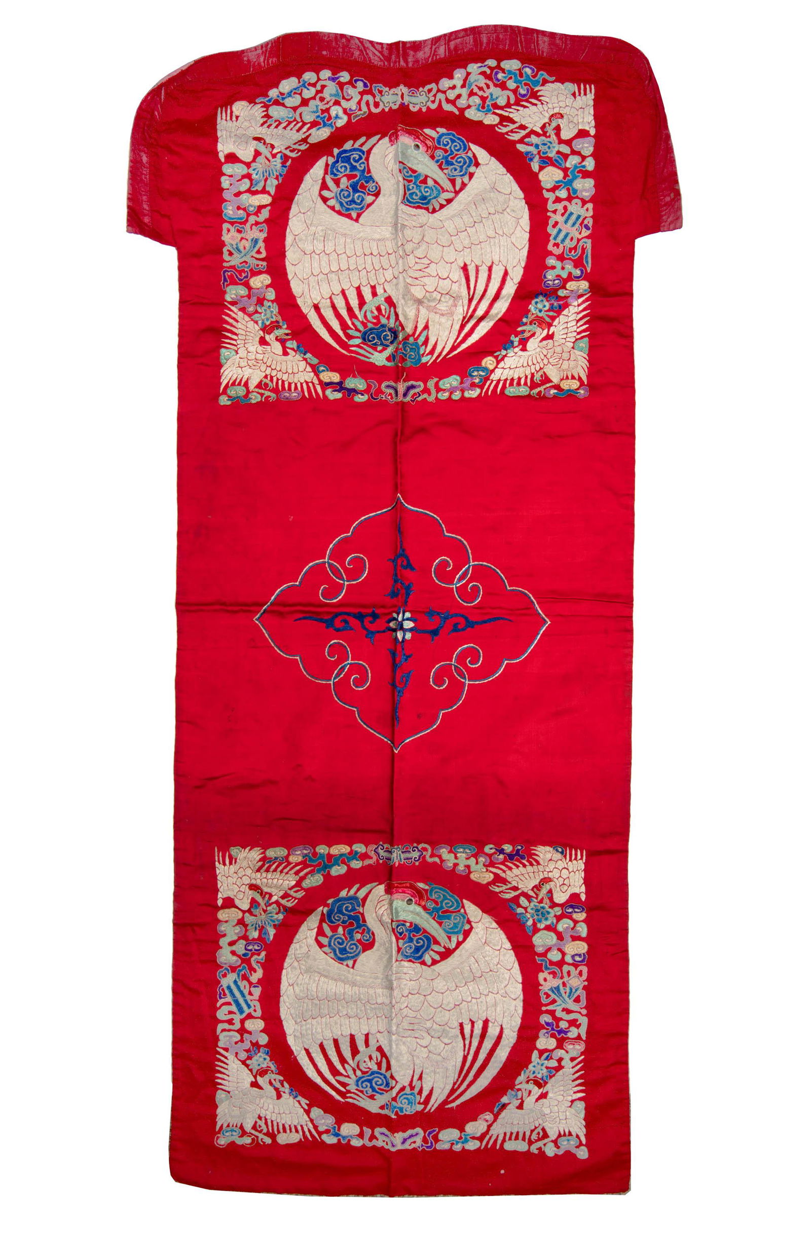 A Chinese red-ground silk chair cover with cranes, 19th century Featuring red crown crane roundels (1 of 5)