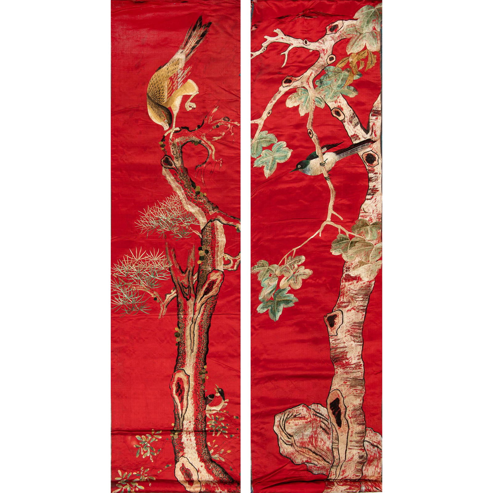 A pair of Chinese red-ground embroidery panels, late 19th century (1 of 4)