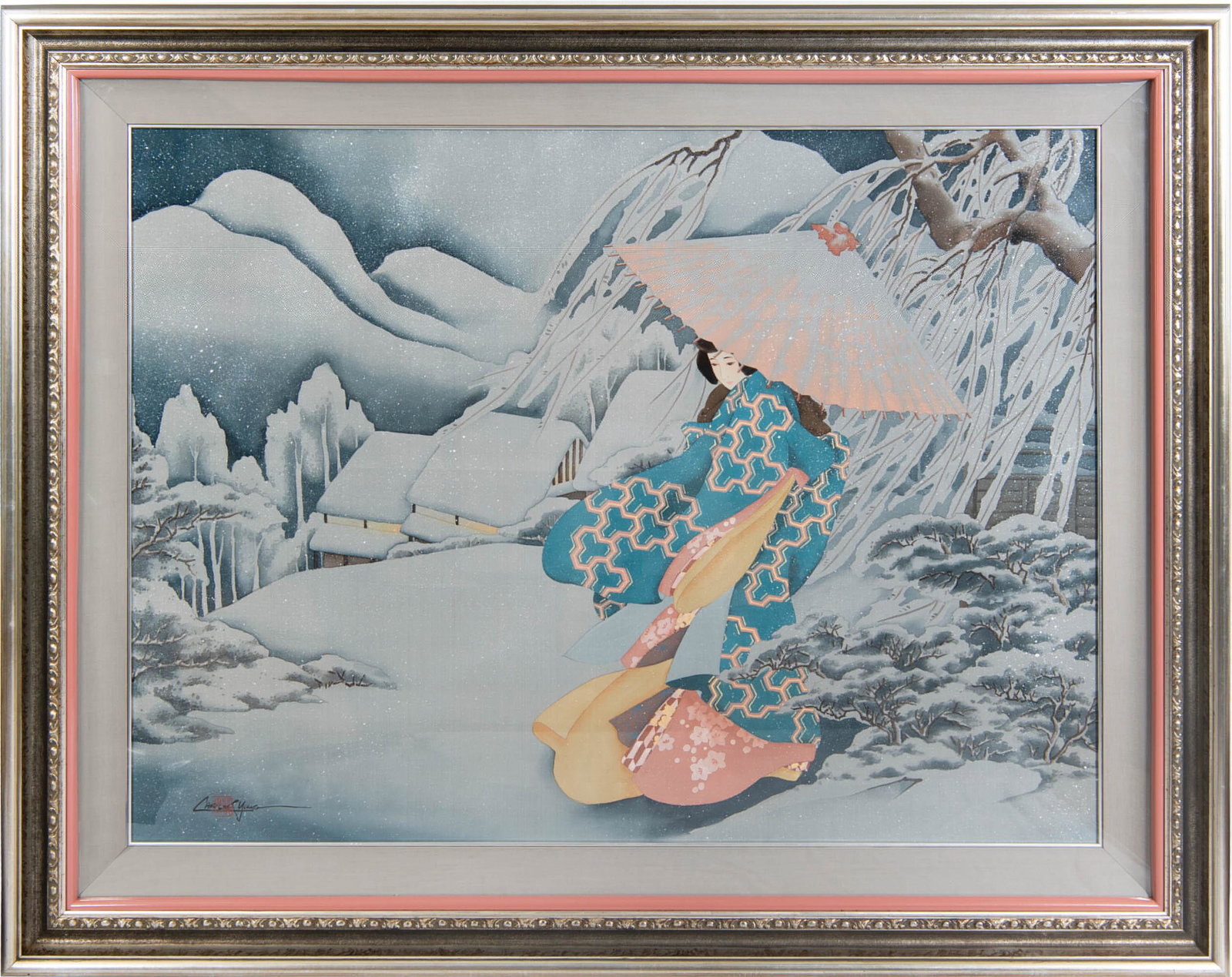 Caroline Young (Chinese-American, 20th century), Winter Stroll: Caroline Young (Chinese-American, 20th century) Winter Stroll 1985, watercolor on Japanese silk. Signature and one seal to lower left corner; framed. Sold with certificate and a copy of original recei