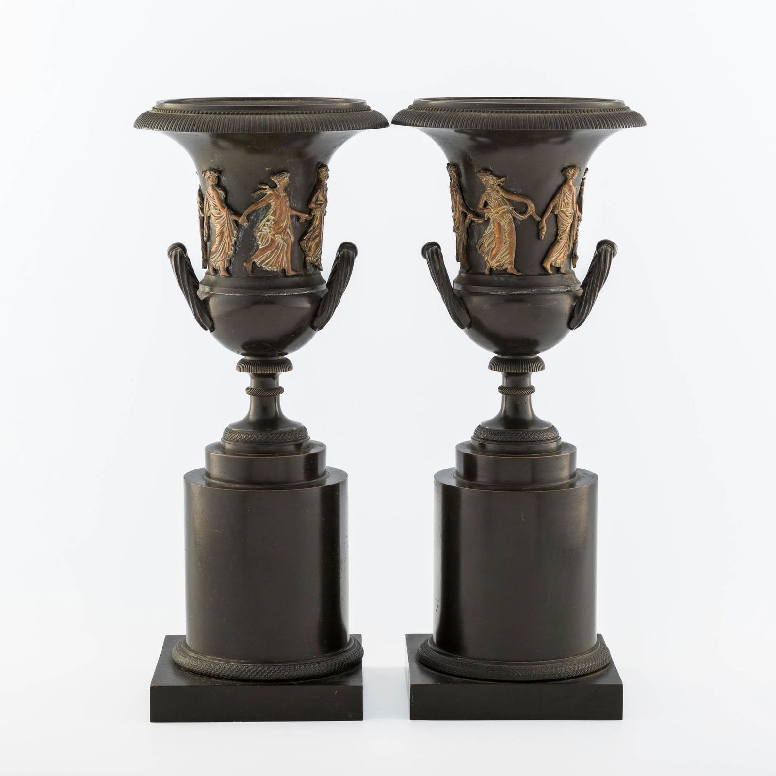 A pair of bronze standing urns with Classical-style frieze, late 19th-20th century (1 of 11)