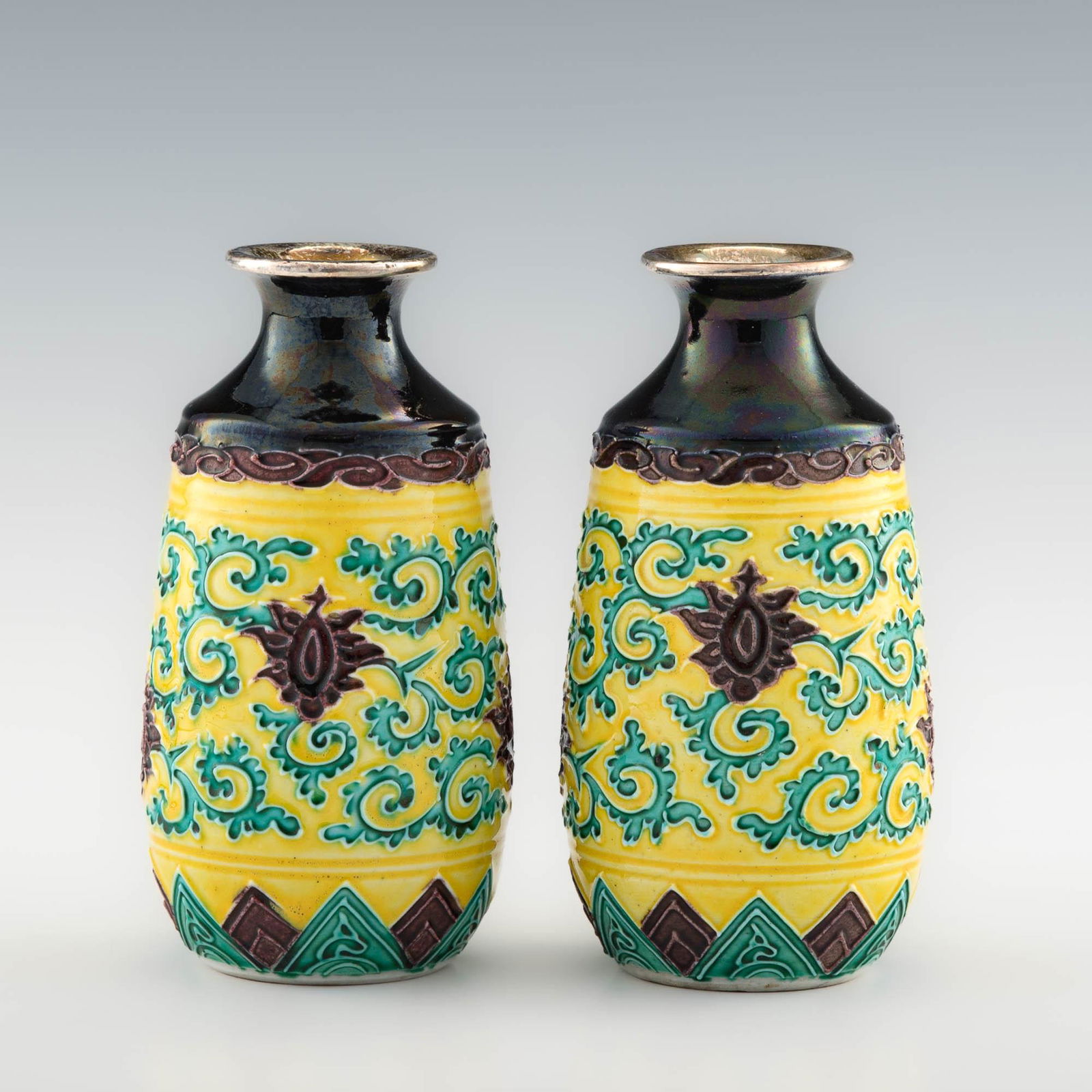 A pair of Japanese Eiraku porcelain vases with silver rims, Meiji era (1 of 8)