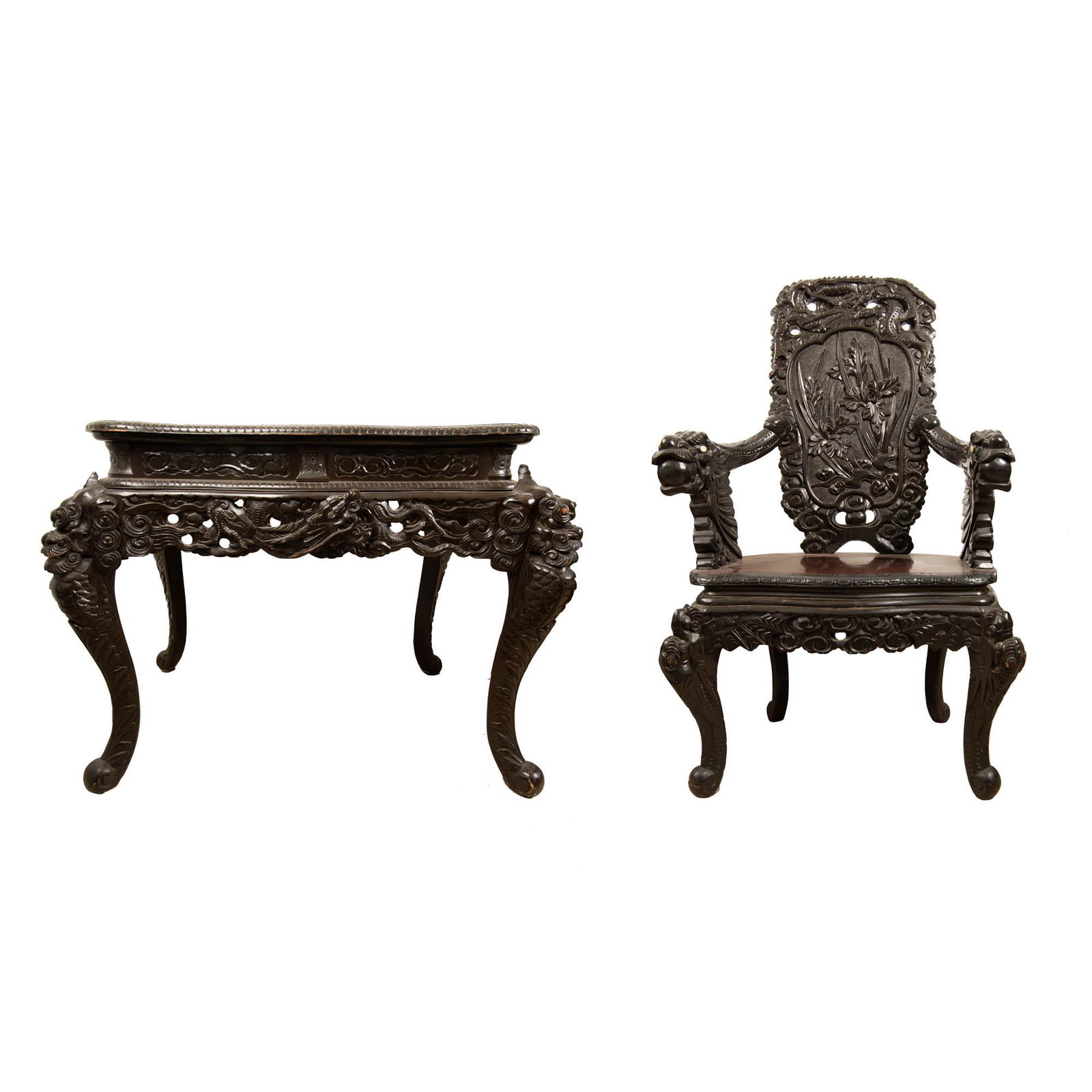 A Japanese carved table and chair, Meiji period (1 of 4)