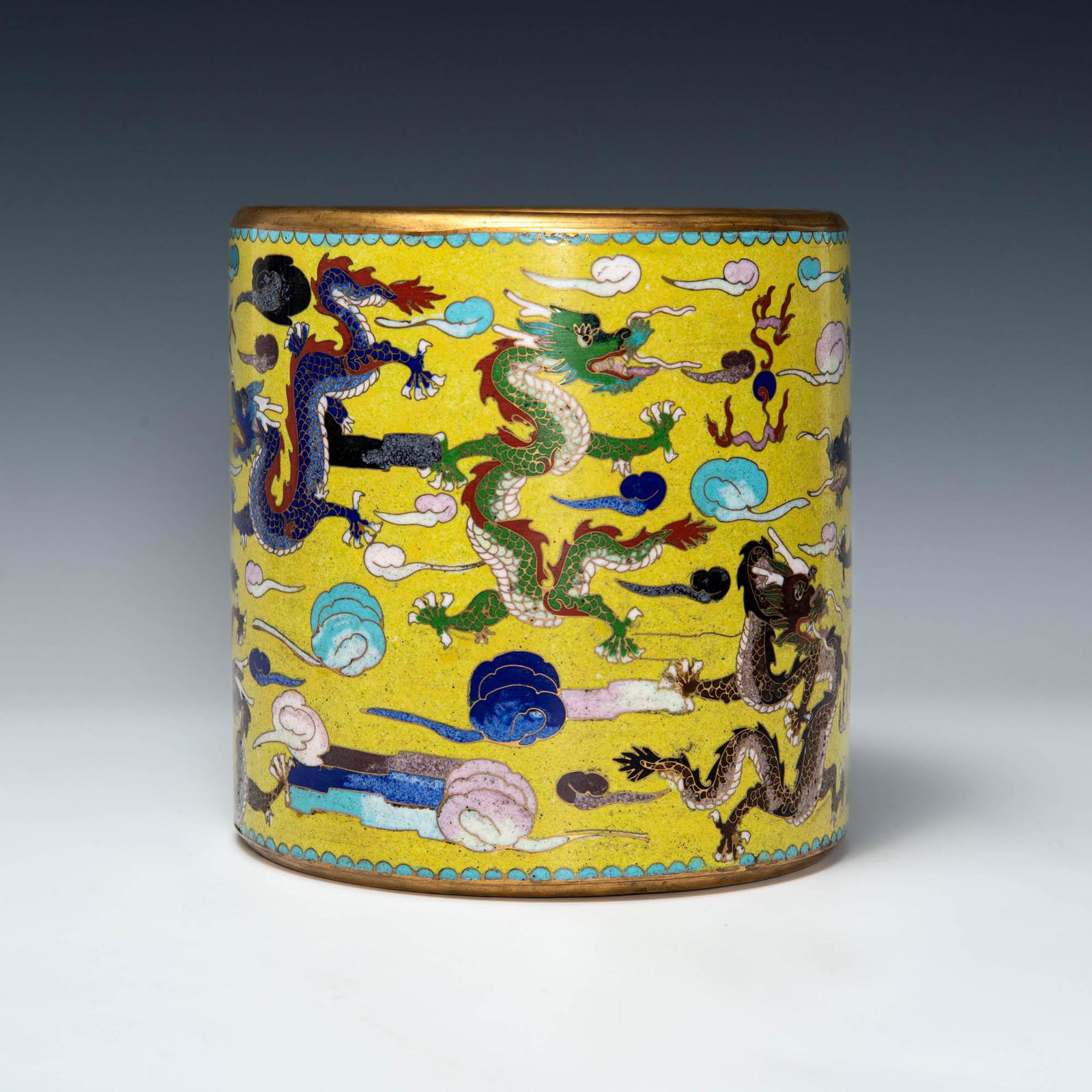 A Chinese yellow-ground cloisonne brush pot with dragons (1 of 8)