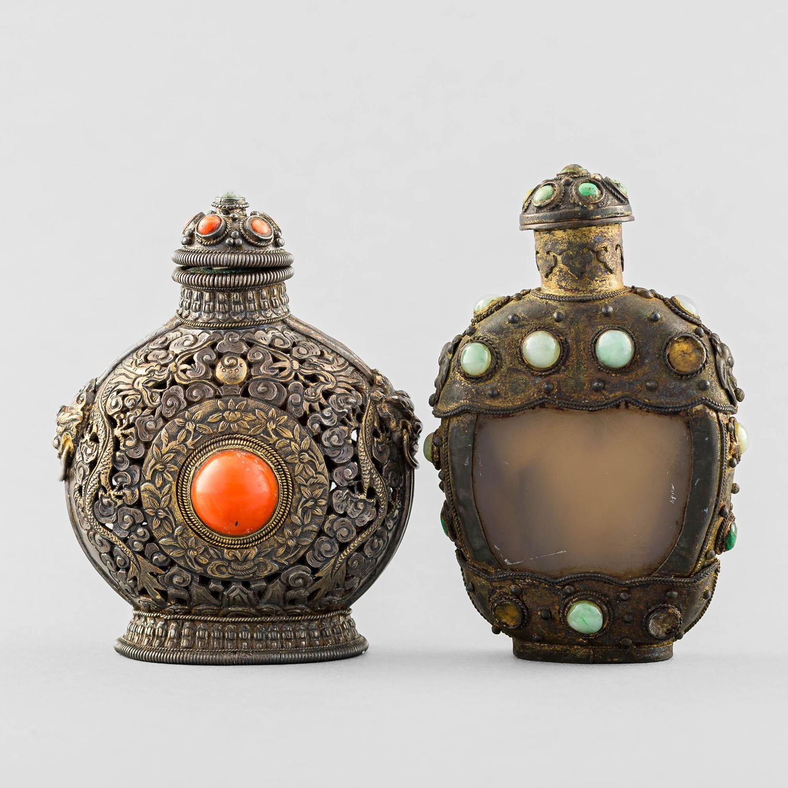 Two Chinese silver snuff bottles with precious stone inlay, 19th century (1 of 11)