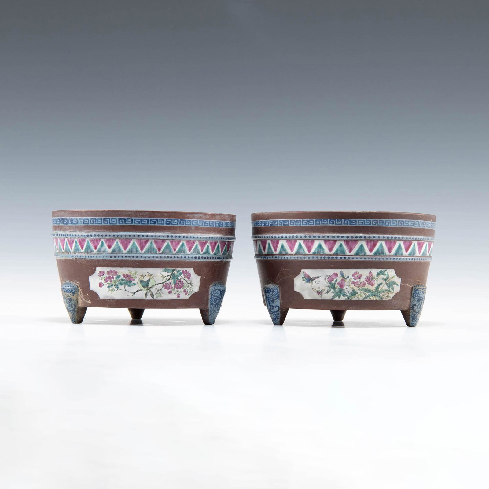 A pair of Chinese polychrome-enameled zisha tripod jardinieres, 19th century (1 of 8)
