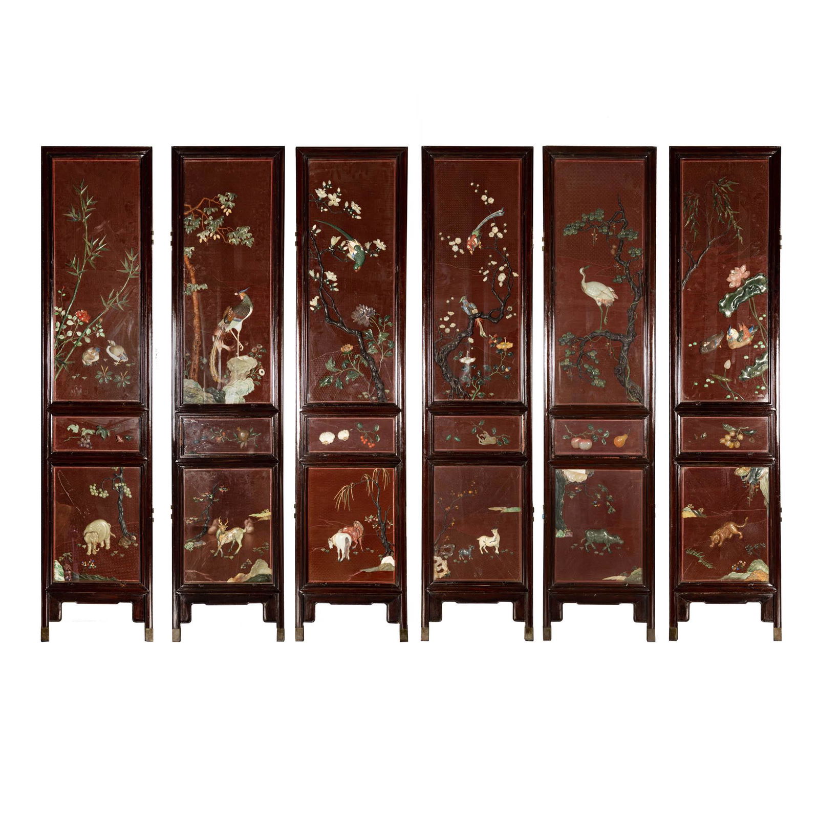 A Chinese cinnabar room divider with precious stone inlay, 1950s-1970s (1 of 8)