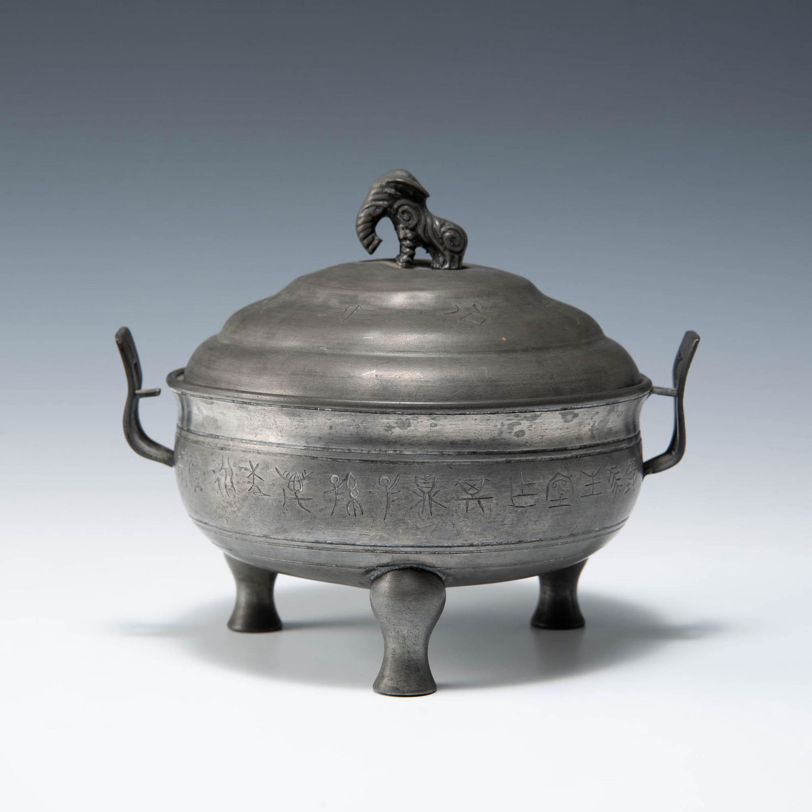 A Chinese pewter ding-form hot pot, Republic period (1 of 8)