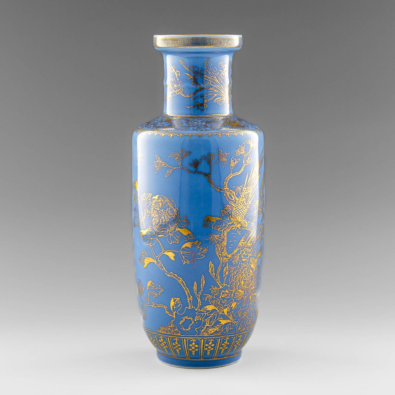 A Chinese blue-glazed gold-painted rouleau vase, 1950/1970s (1 of 9)