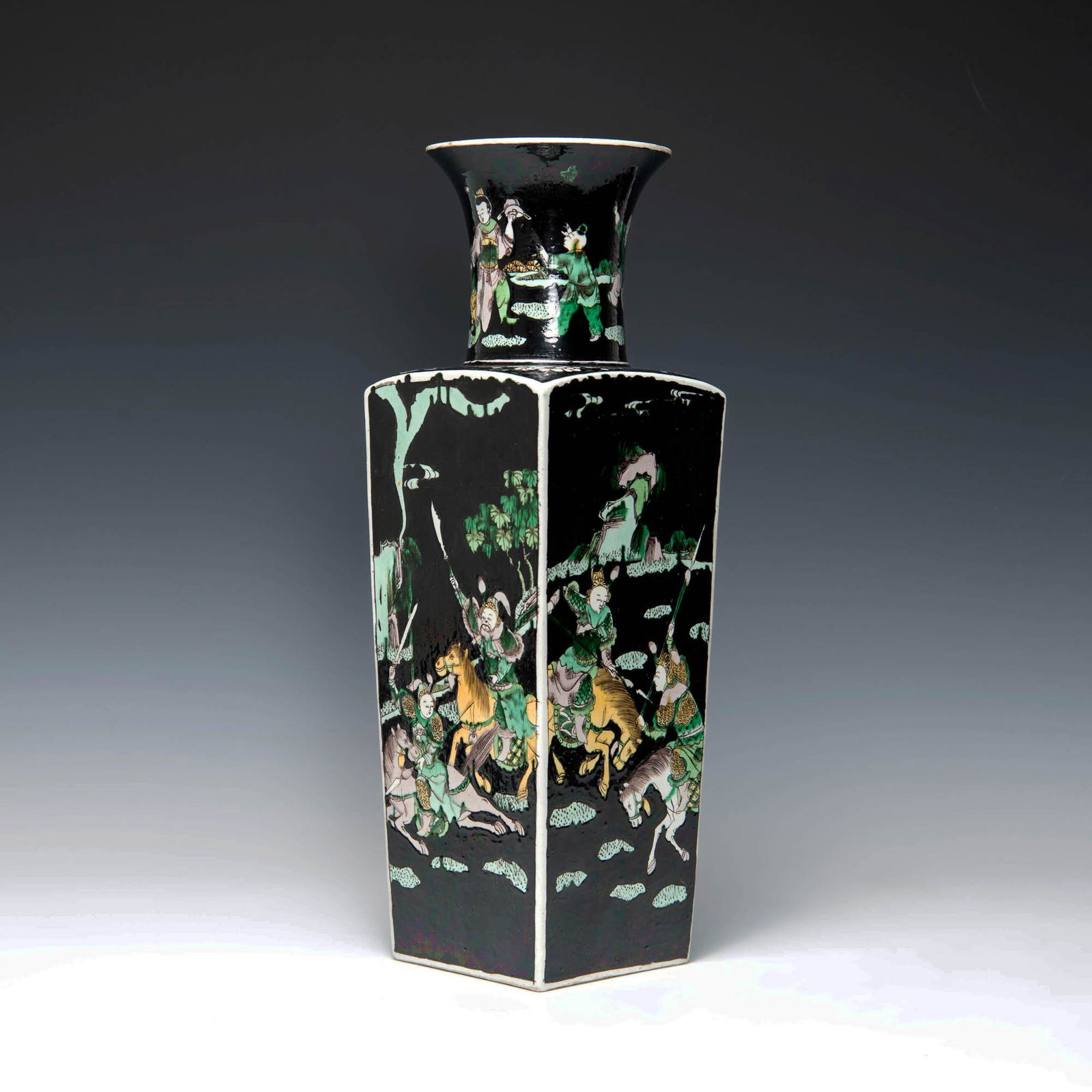 A Chinese black-ground sancai square vase, 19th century (1 of 8)