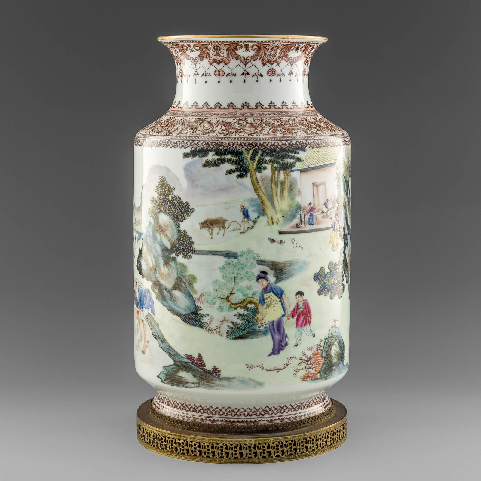 A Chinese famille rose lantern vase, Republic period: A Chinese famille rose lantern vase Republic period Featuring workers in a landscape with inscription and five seals to body. Affixed to metal stand. H: 16, Dia: 8 1/2 in. H: 40.64, Dia: 21.59 cm. (ov
