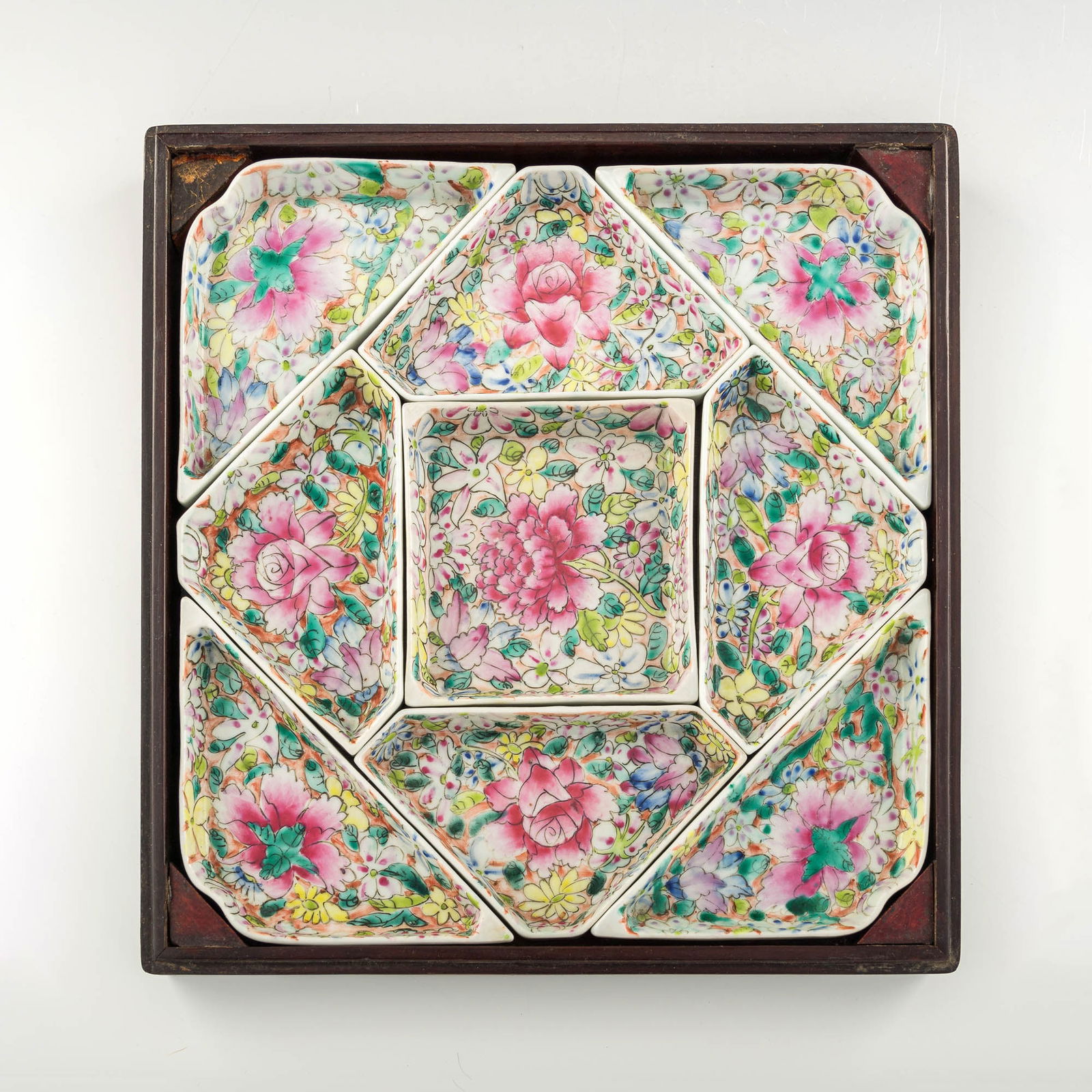 A Chinese famille rose nine-piece dish set, Republic period (1 of 10)