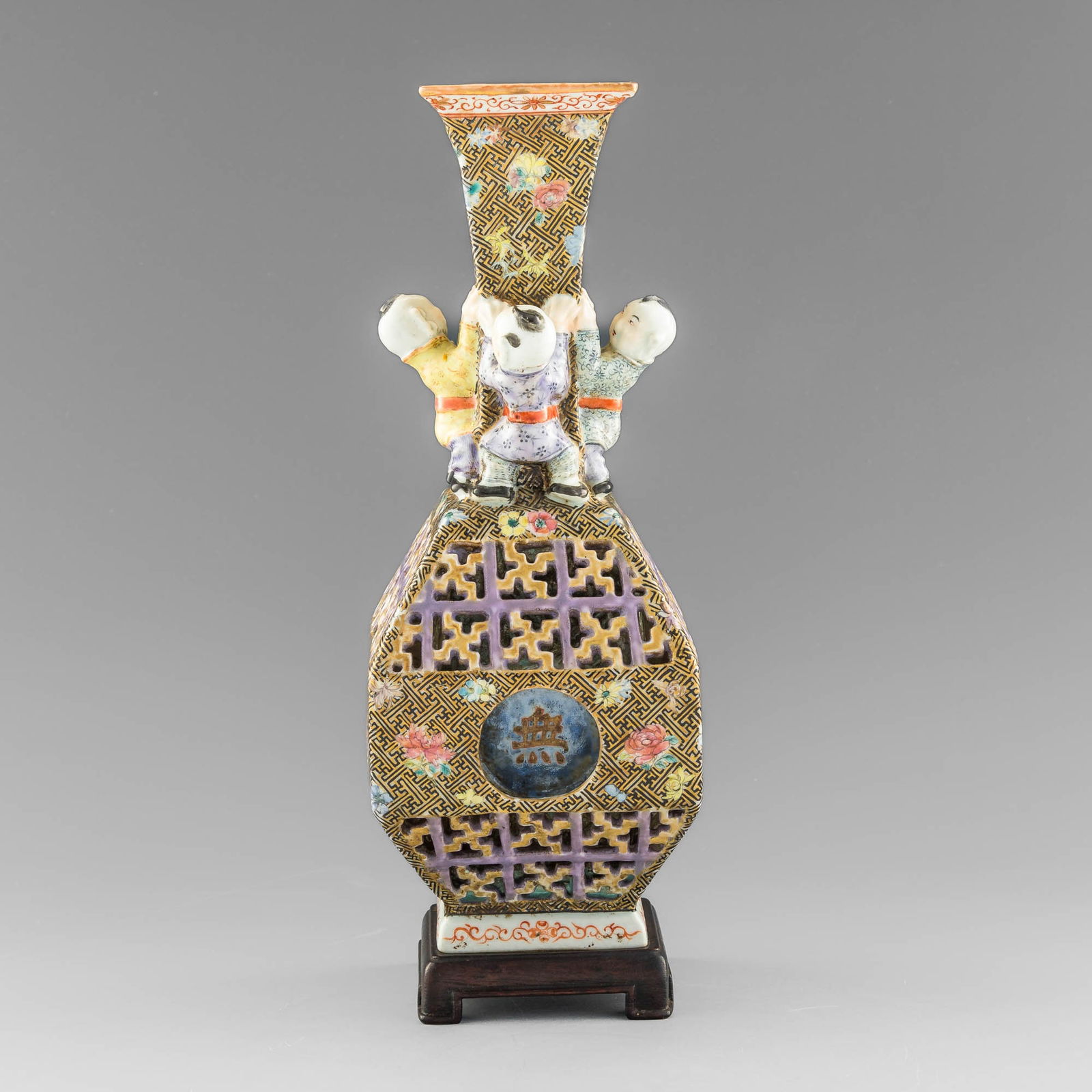 A Chinese famille rose reticulated square vase, Republic period (1 of 15)